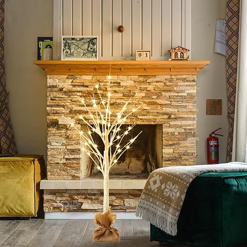 Miniatura 7 de HOLILLUMA Árbol de Navidad iluminado, árbol de Navidad de 56 LED de 4 pies con decoración de arpillera, blanco cálido, IP44 impermeable, fuente de