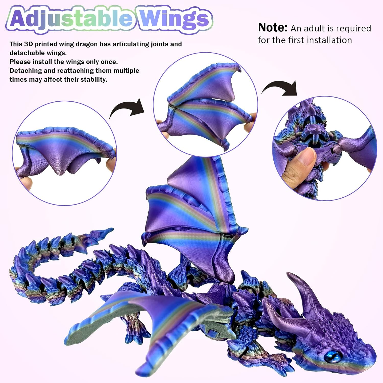Large Dynamic 3D Printed Dragon Egg with Dragons Inside， 3D Printed Flexible Articulated Crystal Animals with Movable Wings , Flying Fidget Bird with Eyes Model for Desktop Home Decoration(SCYZ)