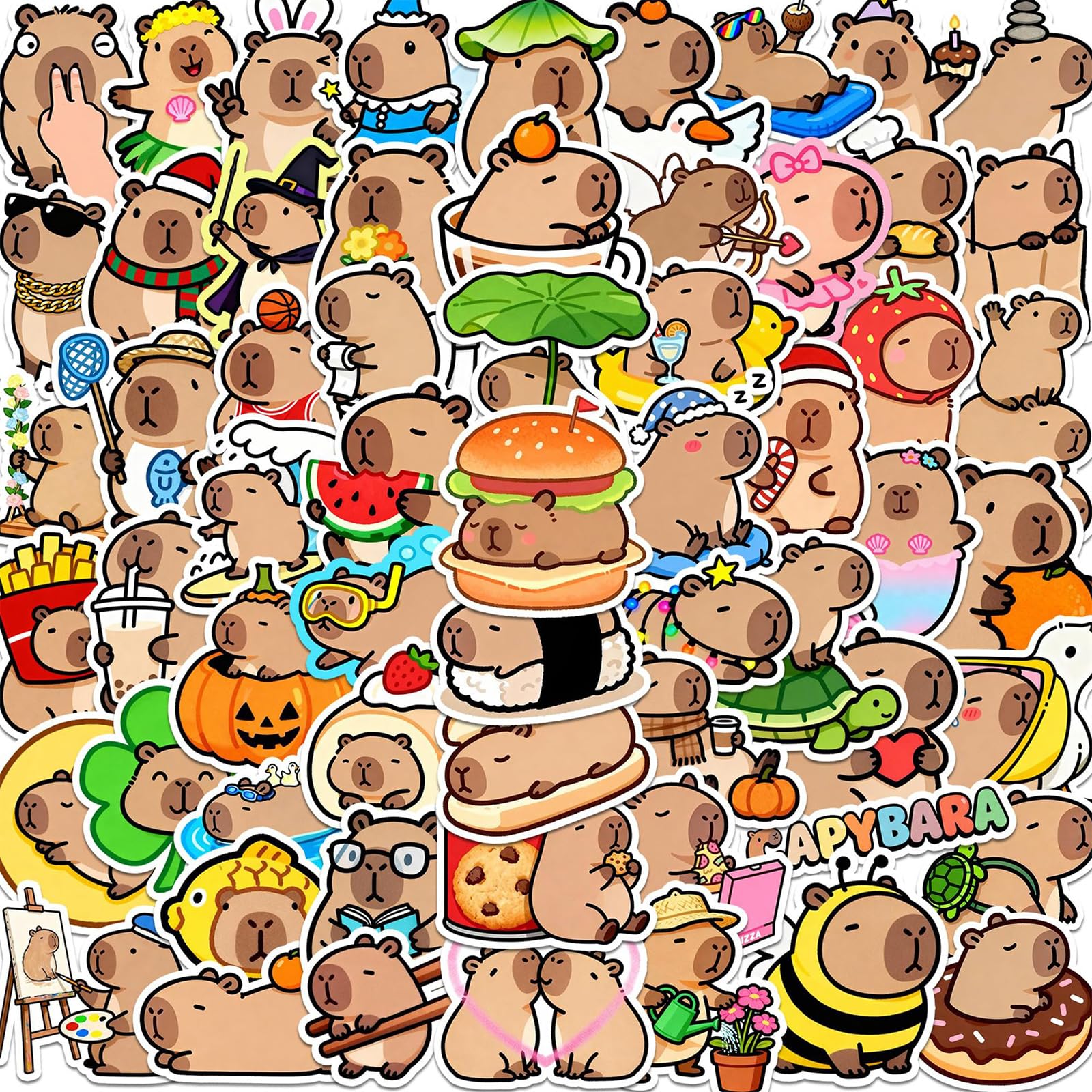 BellaBlend 120 Pieces Capybara Stickers, Cute Vinyl Stickers for Water Bottles, Laptops, Luggage, Helmets, Waterproof Kawaii Animal Stickers, Capybara Party Gifts (Glossy)
