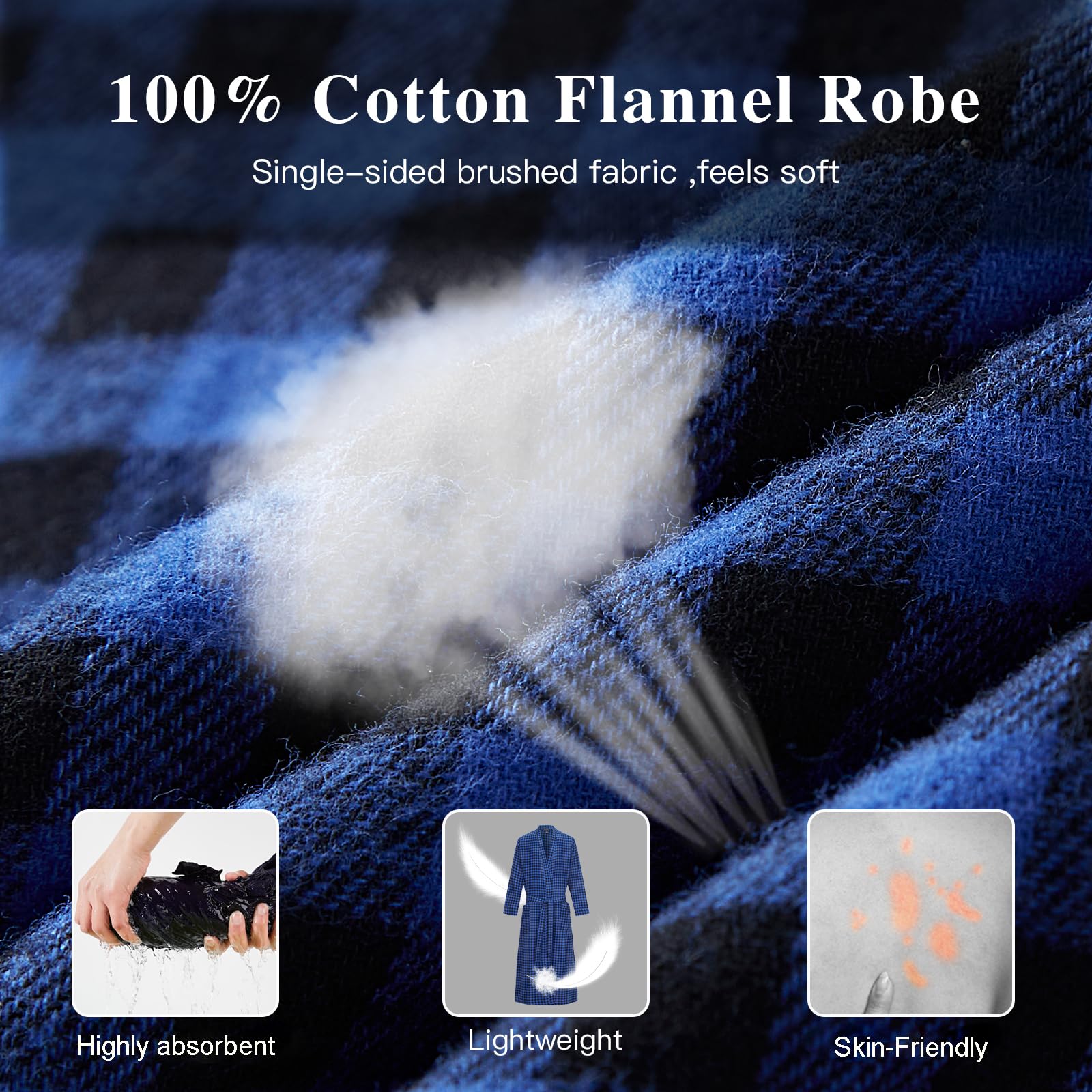 FashGudim Robe de chambre en flanelle de coton à carreaux de buffle pour homme avec col châle. Peignoir léger et long, vêtement d'intérieur décontracté.