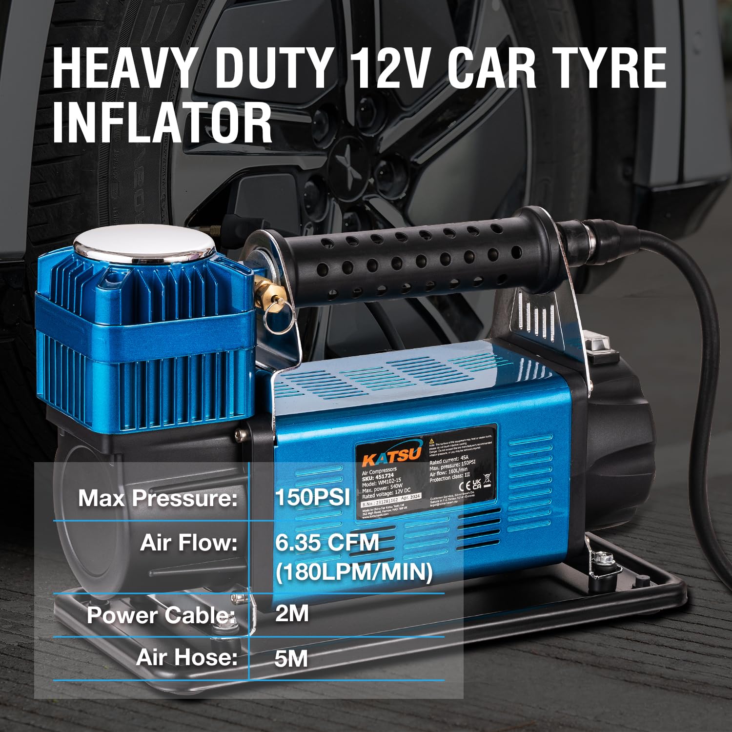 KATSU Tools Profesional Inflador de Neumáticos de Coche, 150 PSI 12V 45Amp Portátil Gran Volumen Bomba de Neumáticos de Compresor de Aire para 4WD Auto Van Camiones Inflables
