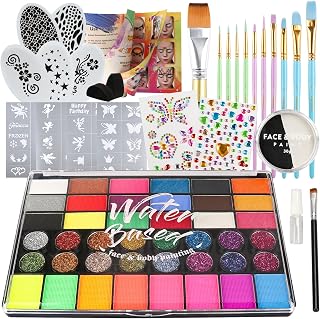 Pintada 42 Color Non-Toxic Face Painting Kit for Kids - 30g Black/White, Glitter, UV Glow, Stencils, Brushes, Gems for Halloween Parties