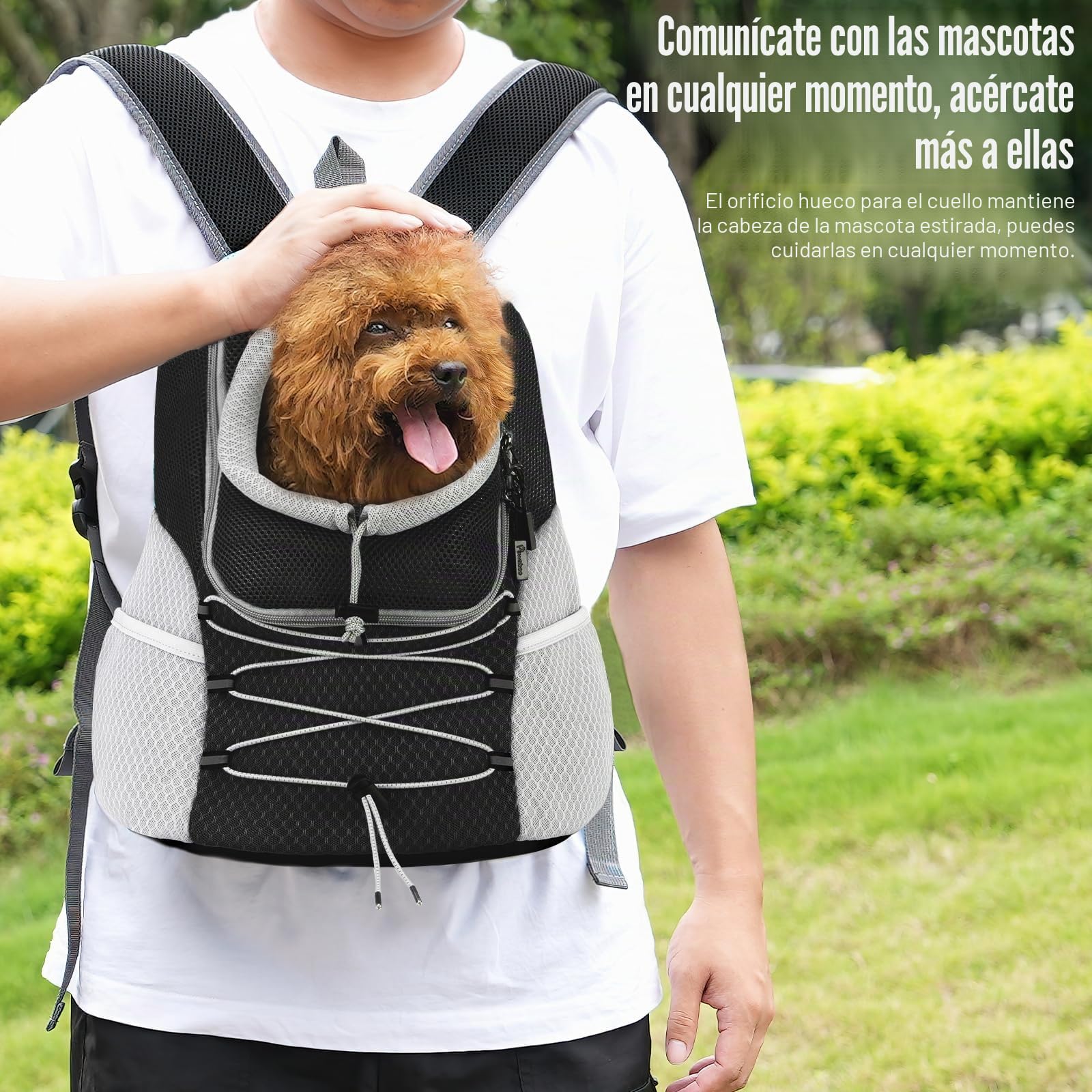 Pawaboo Mochila del Perros, Bolsa de Viaje para Mascotas con Abertura con Cordón Retráctil, Mochila Portadora de Mascotas Transpirable para Gatos Perros Pequeños Medianos, M, Negro