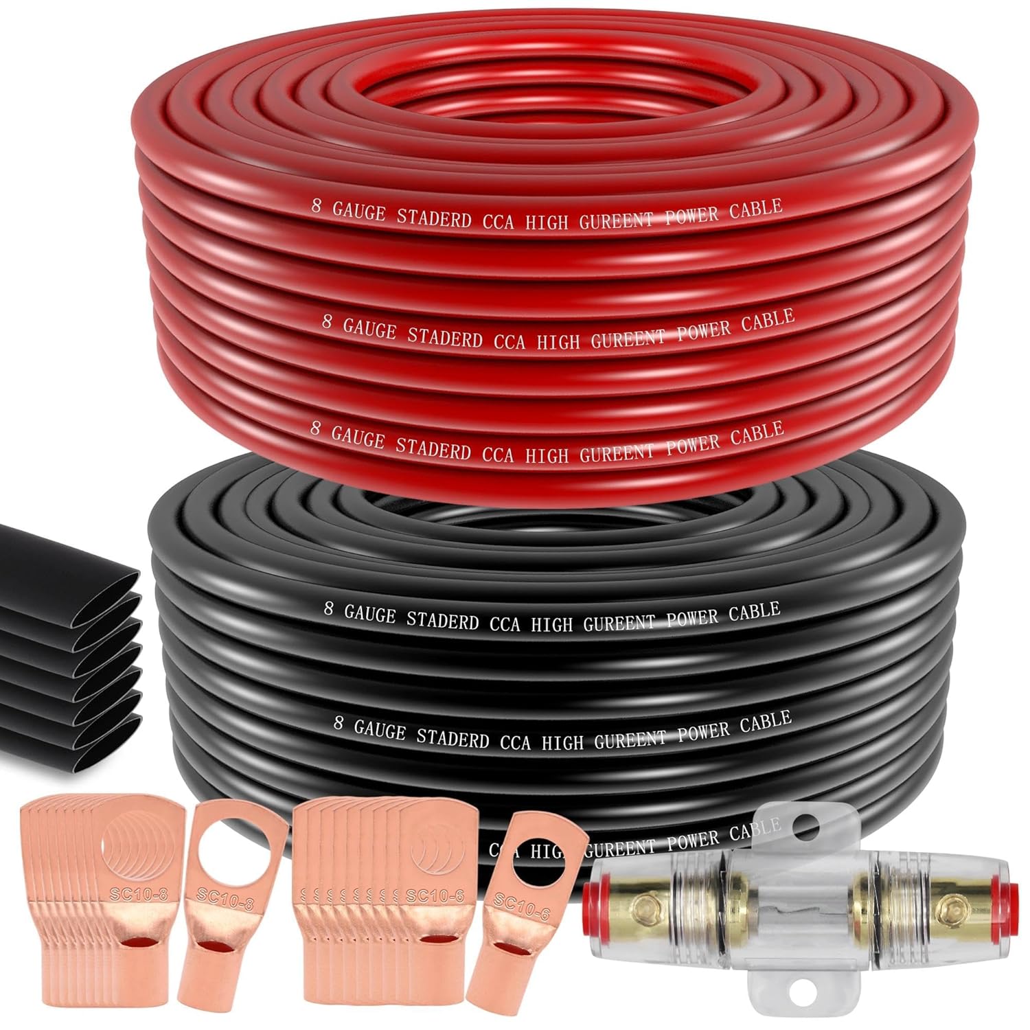 8 Gauge Wire Copper Aluminum CCA 50FT(25FT Red+25FT Black) Power & Ground Cable with 60A Fuse Holder,8ga Lugs,3:1 Heat Shrink Tube - Amp Wiring Kit for Car Audio,Battery,RV Trailer,Marine