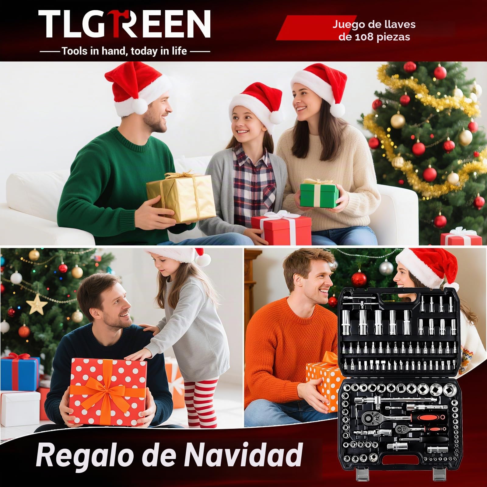 TLGREEN Juego de llaves tubo 108 piezas juego llaves trinquete Cr-V caja de trinquete caja de trinquete con 1/4" y 1/2" 72 dientes inserto de llave de tubo hexagonal