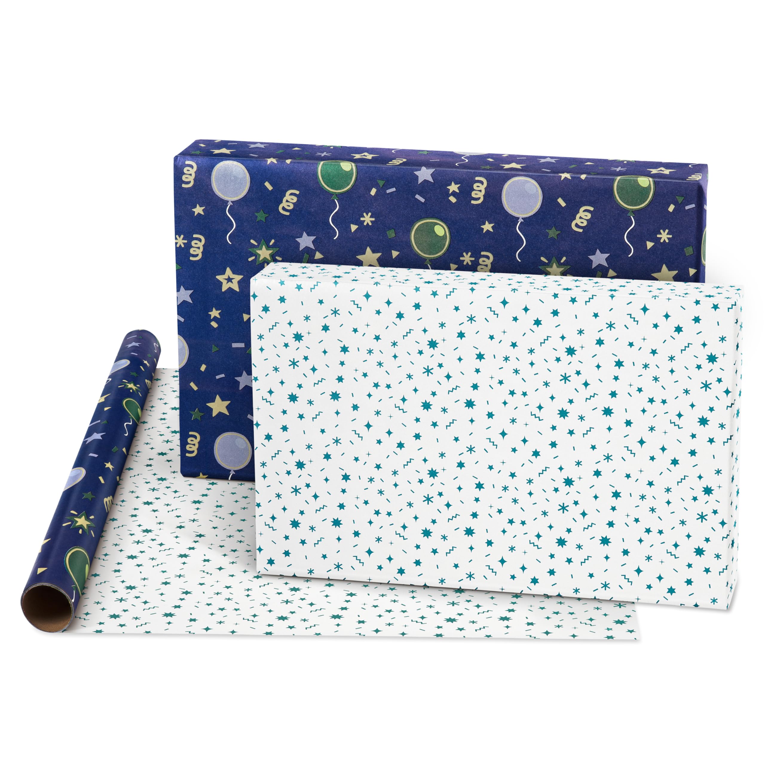 American Greetings Dwustronne opakowanie na prezent, zestaw papieru do pakowania prezentów na urodziny, baby shower i każdą okazję, balony, niebieskie kropki i krata (4 rolki, 76 cm x 4,9 m)