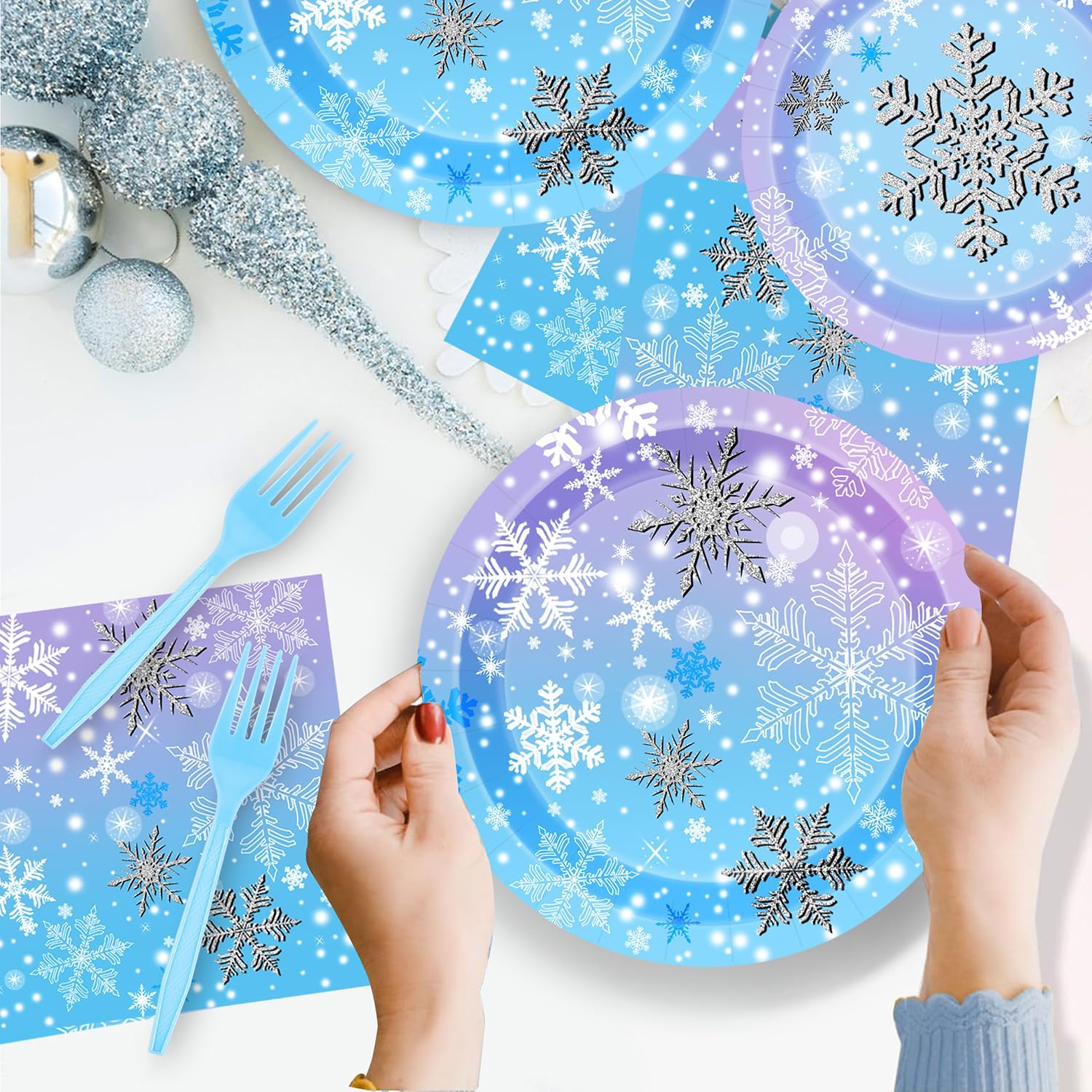 Winter Snowflake Birthday Party Supplies 96 PCS Christmas Snowflake Paper Plates and Napkins Forks Disposable Tableware Set for Christmas Winter Wonderland Frozen-theme Party Decorations - Image 7