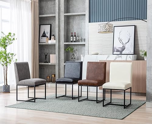 Miniatura 7 de Juego de 2 sillas de comedor modernas tapizadas de piel sintética, sillas de comedor de mediados de siglo, sillas laterales sin brazos, cómodas