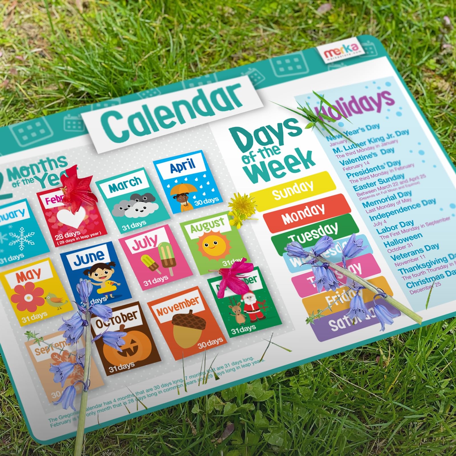 Merka Sets de Table éducatifs antidérapants pour Enfants Temps, Argent, Calendrier, Saisons