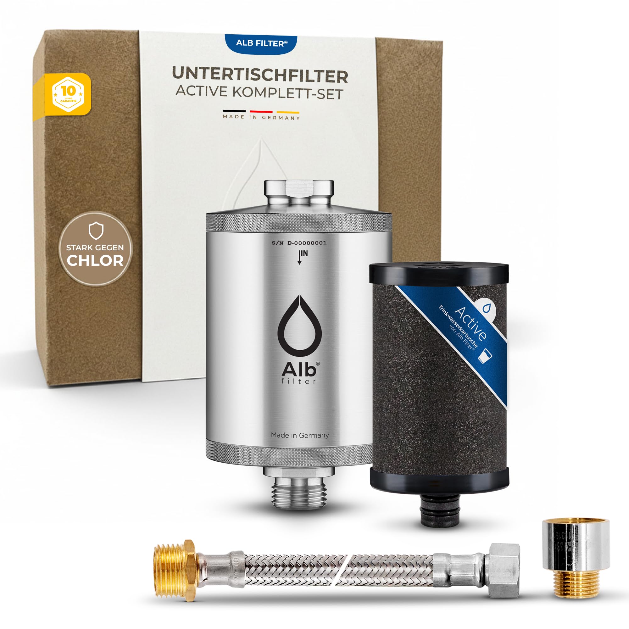 Alb Filter UNTERTISCH ACTIVE Wasserfilter Küche Edelstahl Natur | Reduziert Schadstoffe, Chlor & Geschmack, Untertischfilter Küche, Anschluss-Set Standard, Made in Germany