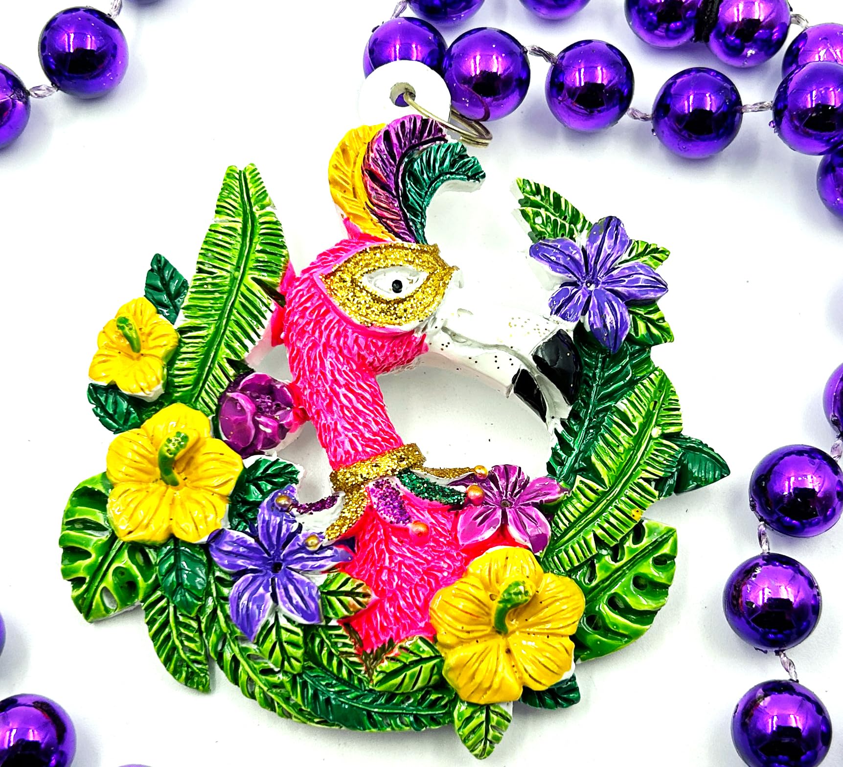 Masked Flamingo Mardi Gras Bead Necklace New Orleans Gasparilla