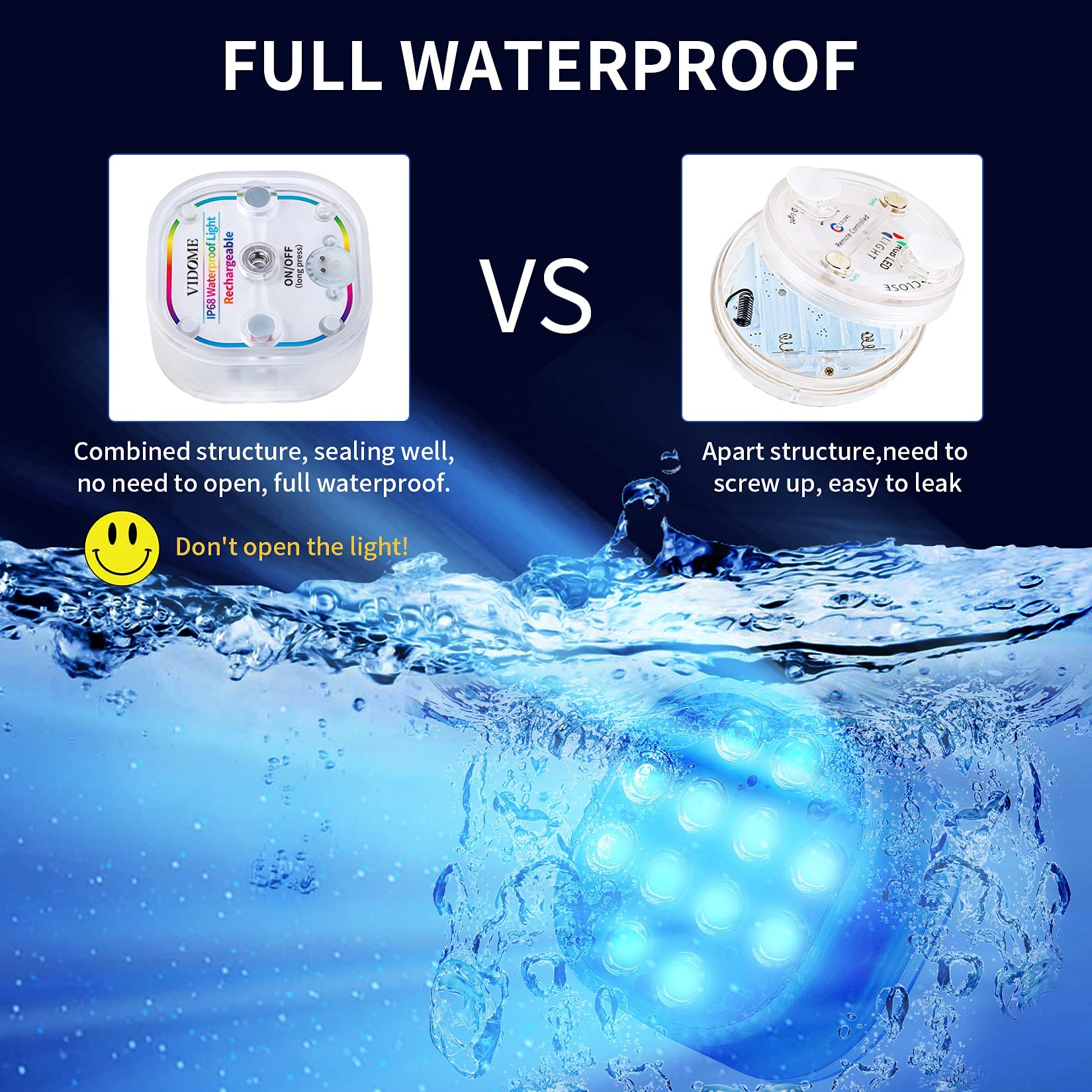 VIDOME Rechargeable Submersible LED Lights, Pool Lights for Inground Pool, Magnetic Pool Lights with Super Large Suction Cup, Underwater Light Full Waterproof LED Lights for Pool Pond Bathtub 4 Sets