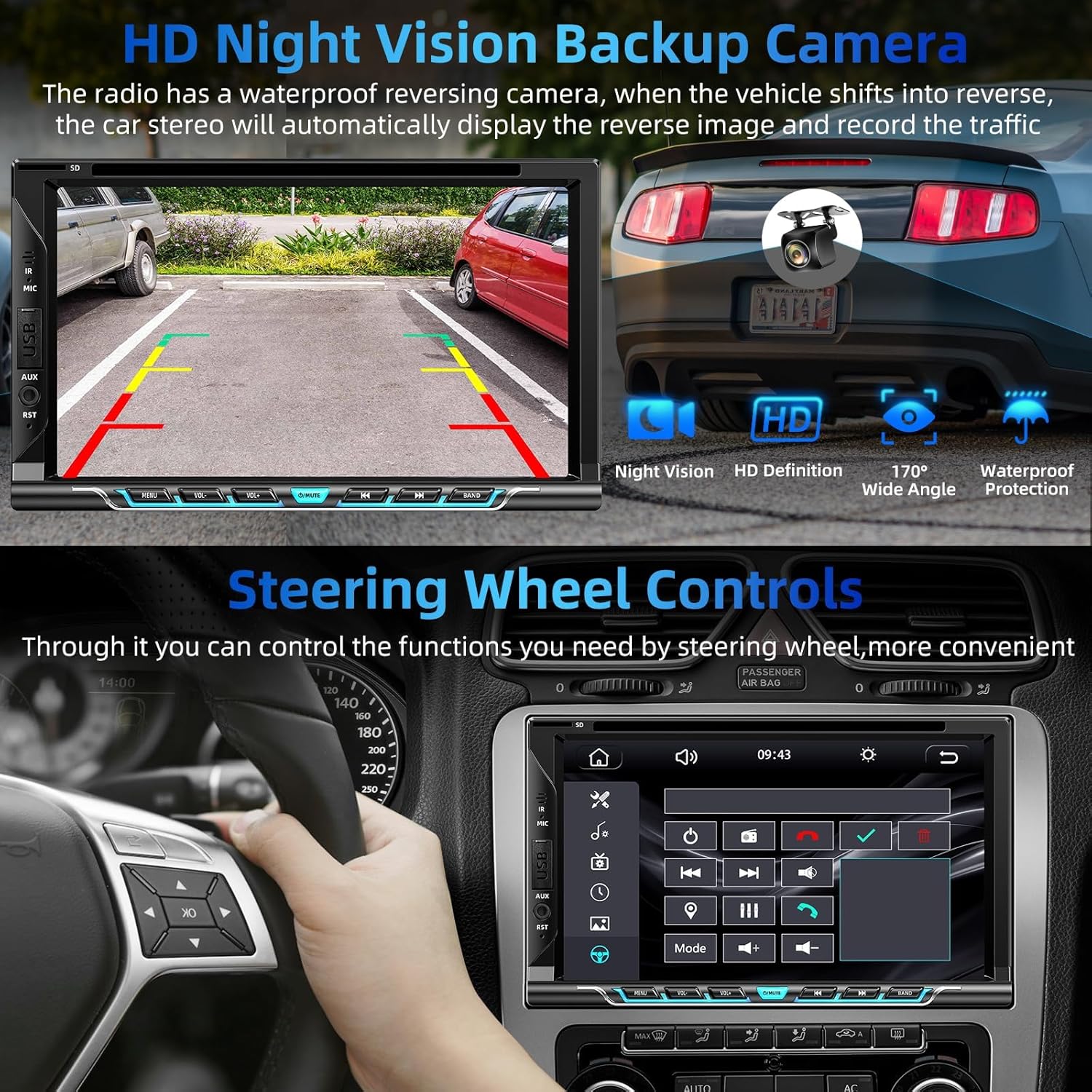 Double Din Car Radio with CD/DVD Player, 7-inch Touch Screen Car Stereo with Wireless CarPlay&Android Auto Support Bluetooth5.2, Backup Camera, Mirror Link, Subwoofer, SWC, AM/FM Car Radio Receiver