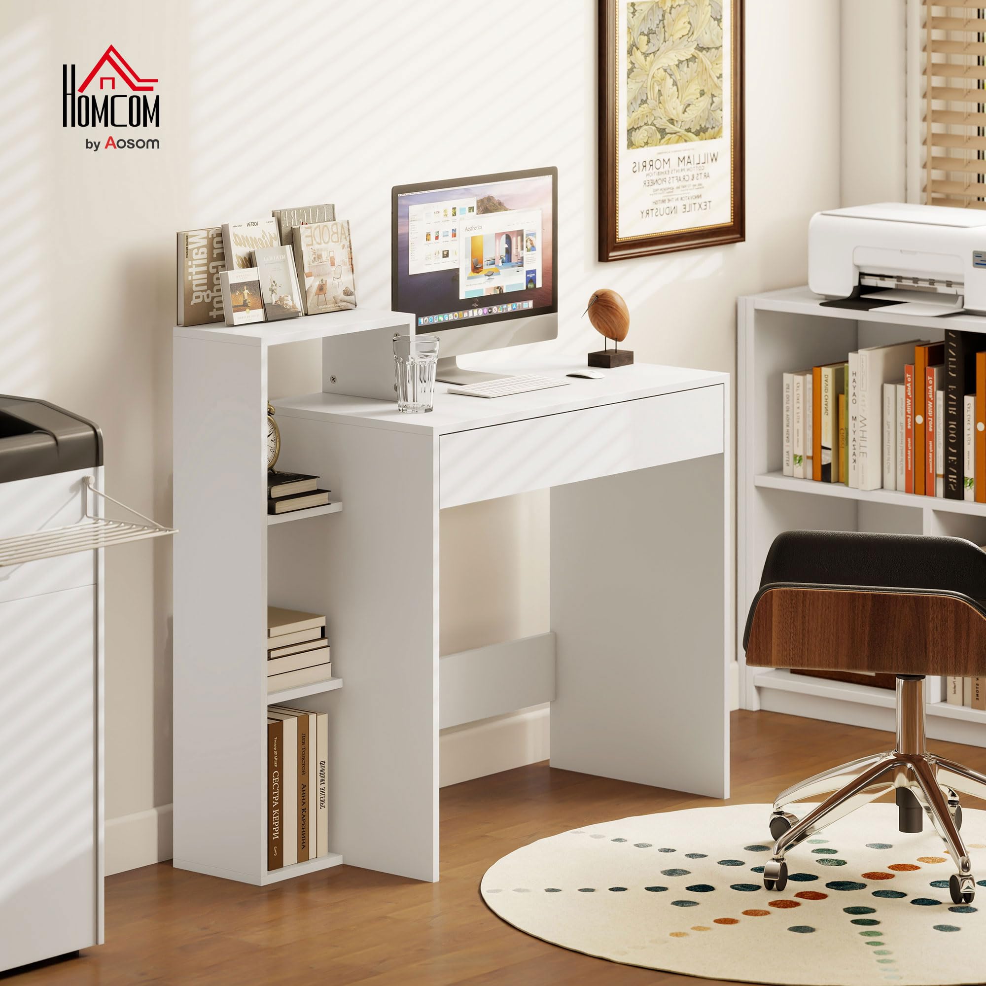 HOMCOM Scrivania Salvaspazio Moderna con 3 Ripiani Aperti e Cassetto Grande, Scrivania con Libreria in Legno, Tavolo Porta PC per Computer, per Ufficio, Studio e Camera da Letto, 100x40x90cm, Bianco