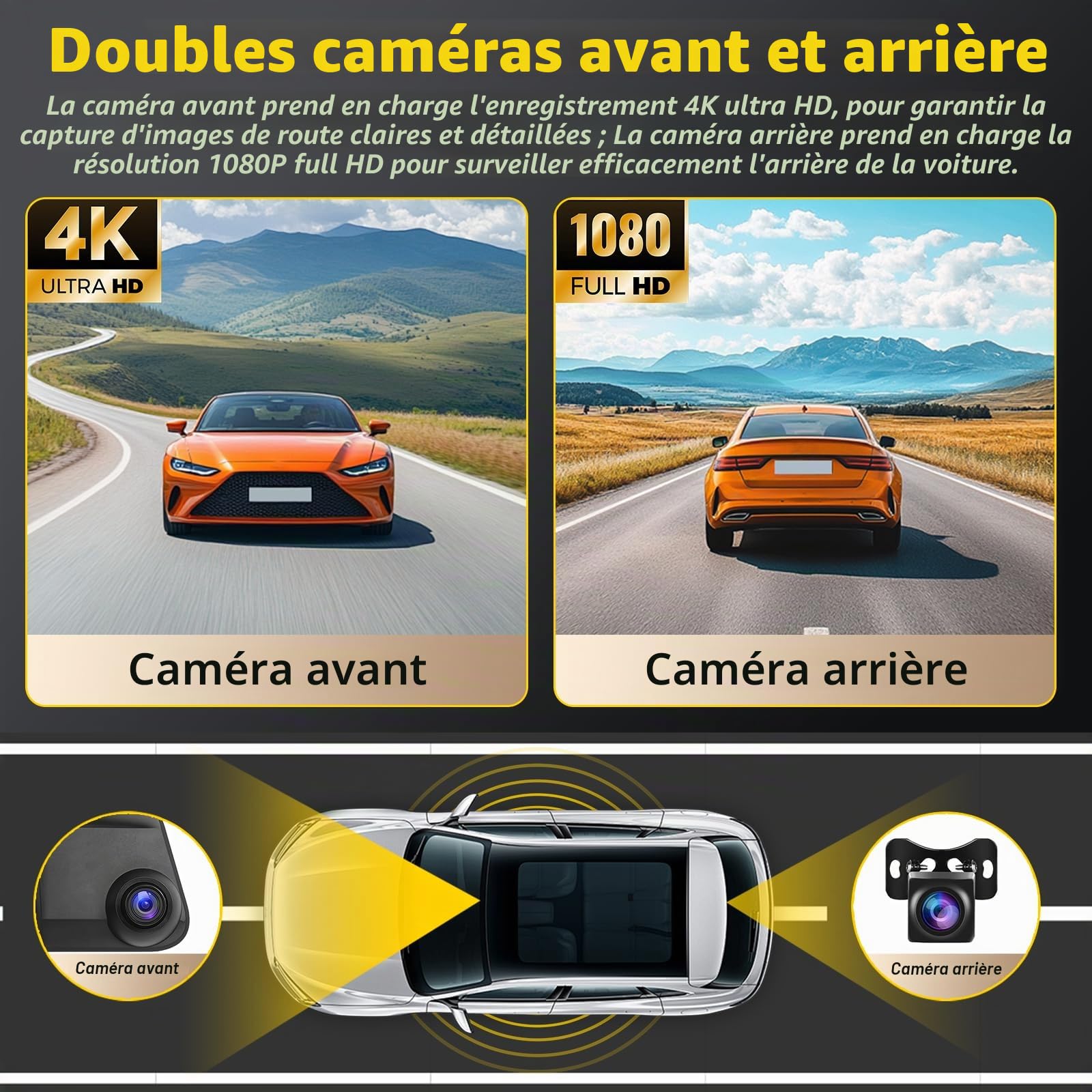 Podofo Caméra de Tableau de Bord Miroir 12" avec Carplay sans Fil, Android Auto avec caméra de recul HD, écran Tactile IPS Double rétroviseur 1080P Dashcam Dash Cam Voiture, 2 écrans divisés