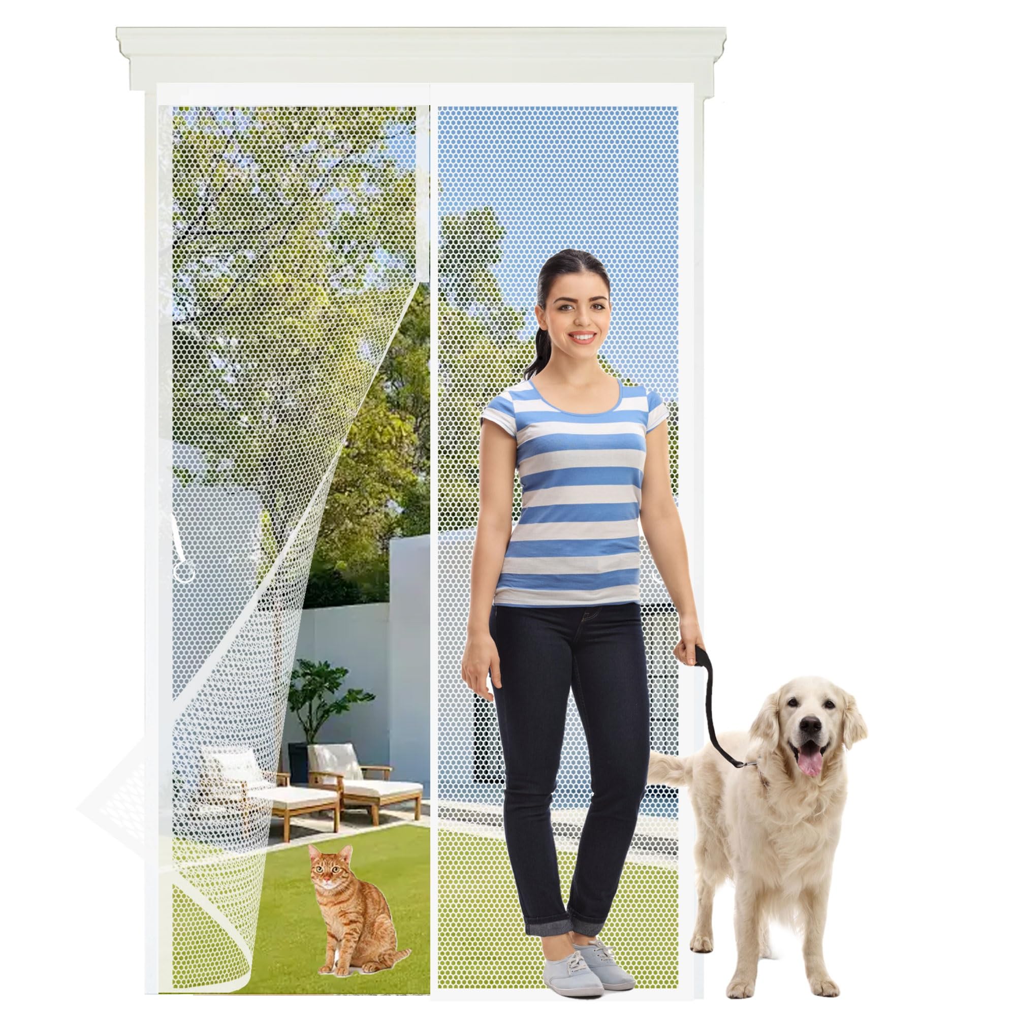 Magnetic Fly Screen Door 123 x 173 cm Frame Hook & Loop, Powerful Magnets Fly Screens for Doors Heavy Duty, Lets Fresh Air for Keeping Out Flies, White