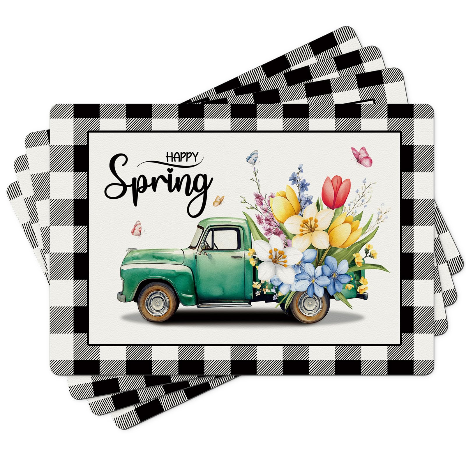 Aimego Spring Placemats Set of 4 - Black White Buffalo Plaid Floral Faux Leather Table Mats Set Wipe