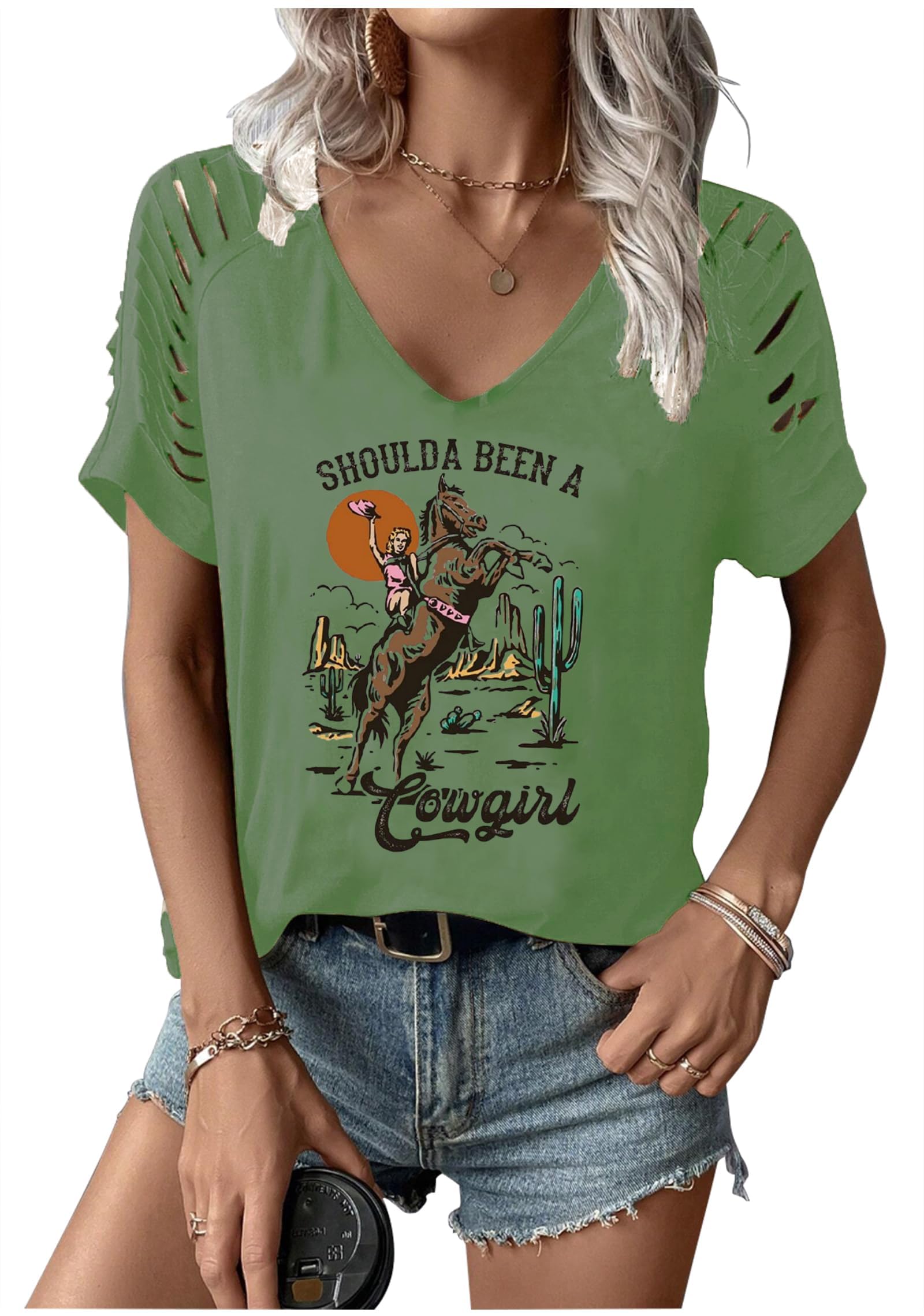 Rock Band T-Shirt for Women V-Neck Country Music Short Sleeved Shirt Retro Nashville Guitar Graphic Hollowed Tee Tops