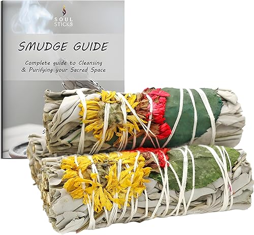 SOUL STICKS Paquete de 3 barras de salvia blanca floral con flores para limpiar el hogar, meditación, yoga, curación y manchas, California de origen