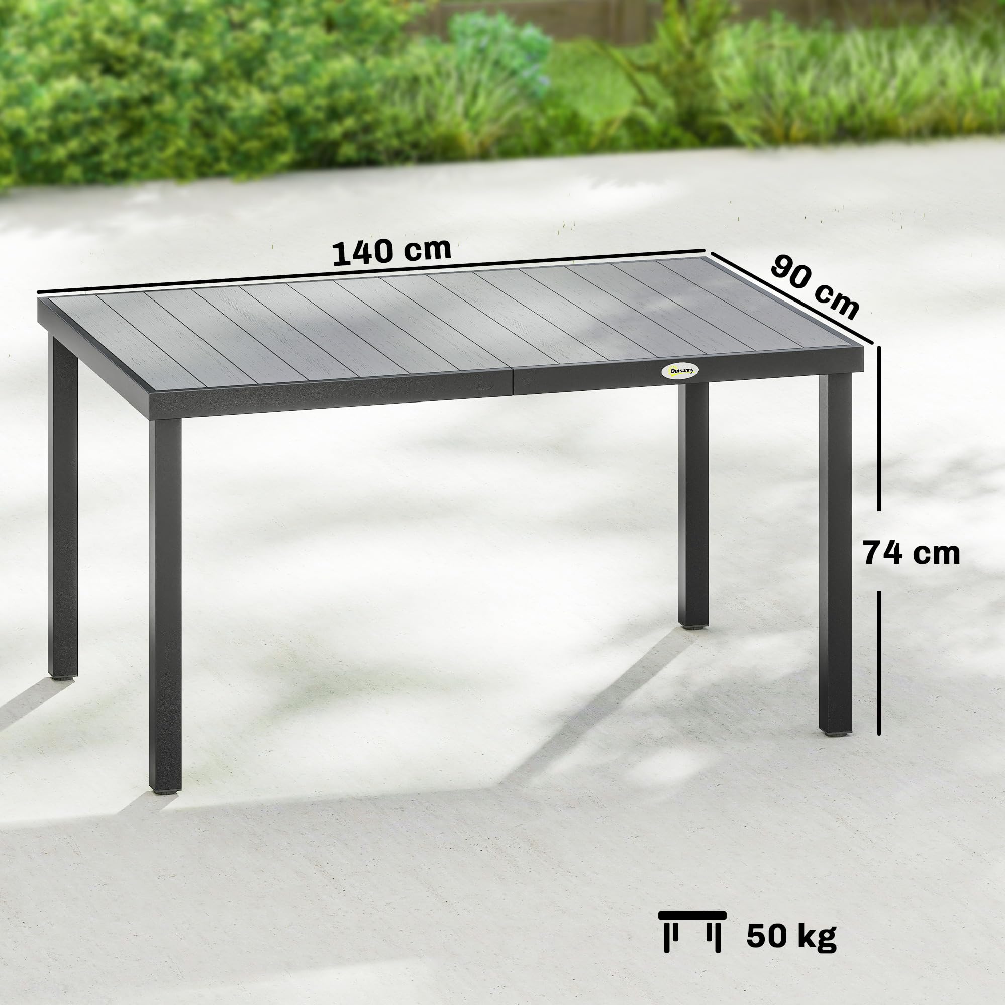 Outsunny Table de Jardin rectangulaire pour 4 à 6 Personnes, Table à Manger extérieure avec Plateau à Lattes, Pieds en Acier, idéale pour terrasse, Balcon, Porche, 140 x 90 x 74 cm, Gris