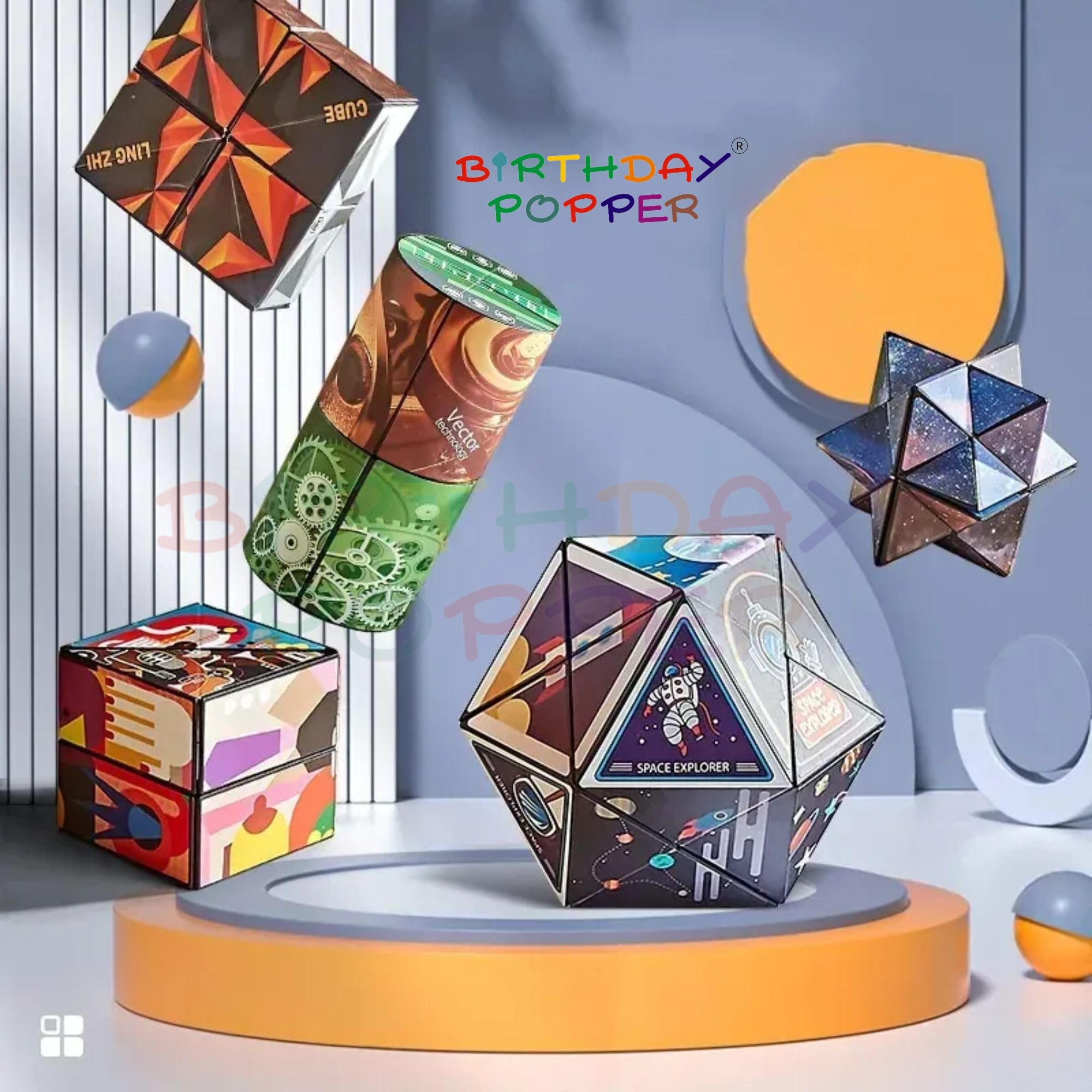 Birthday Popper Shape Shifting Versatile Puzzle Cubes as Birthday Return Gifts - Pack of 12 - Geometric 3D Puzzle Magic Infinity Cube - Educational Toys for Kids 3
