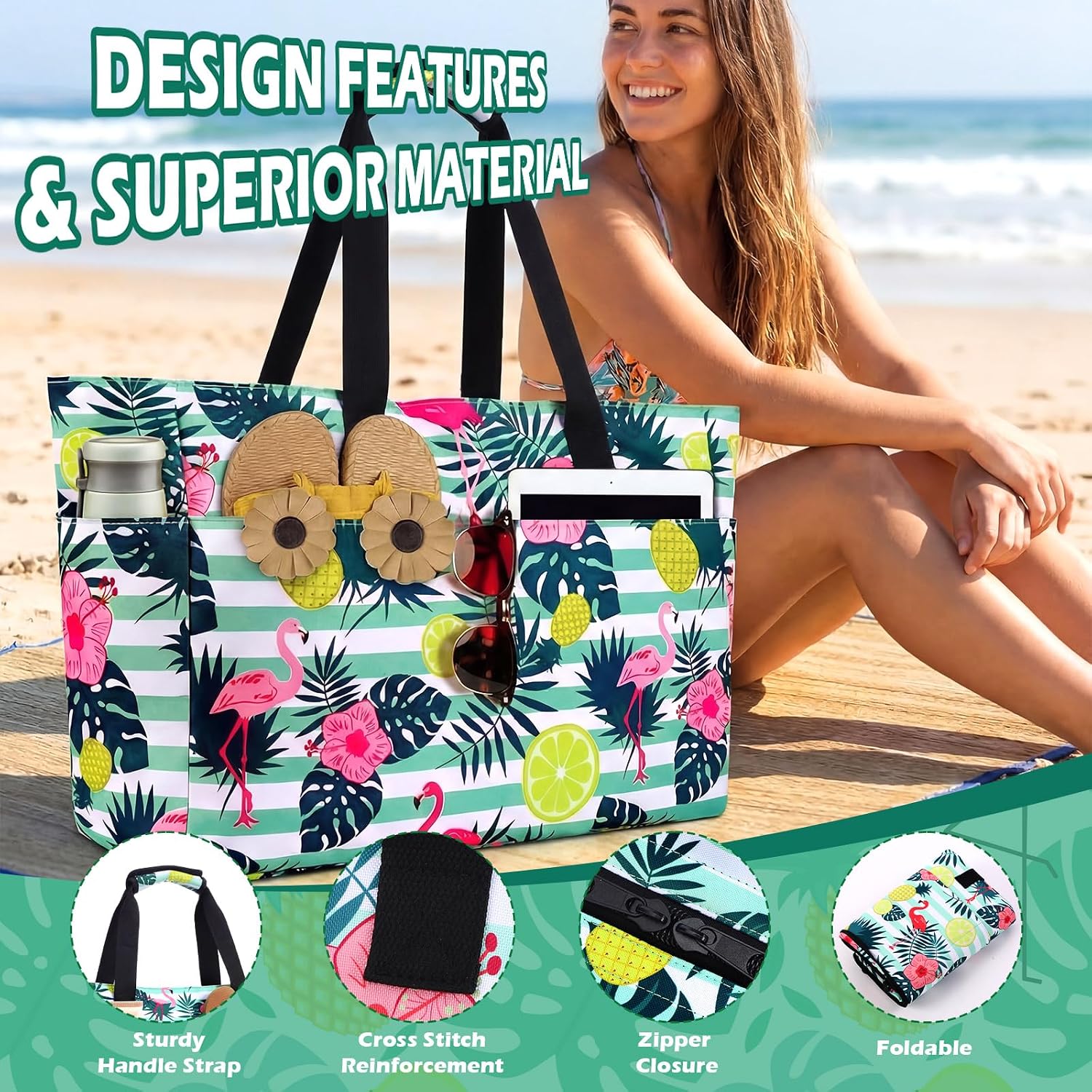 Aliceset Beach Bag with Cooler 49l Large Waterproof Sandproof Beach Tote with Zipper and 9 Pockets Flamingo Summer Pool Bags Wet Compartment Foldable Travel Bags for Women Weekend Vacation Picnic