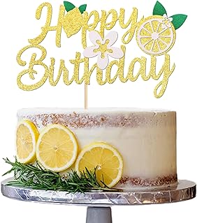 1 PCS Lemon Happy Birthday Cake Topper Assembled Glitter Fruit Theme Lemonade Party Cake Pick Decorations for Lemon Theme Baby Shower Kids Boys Girls Birthday Party Supplies