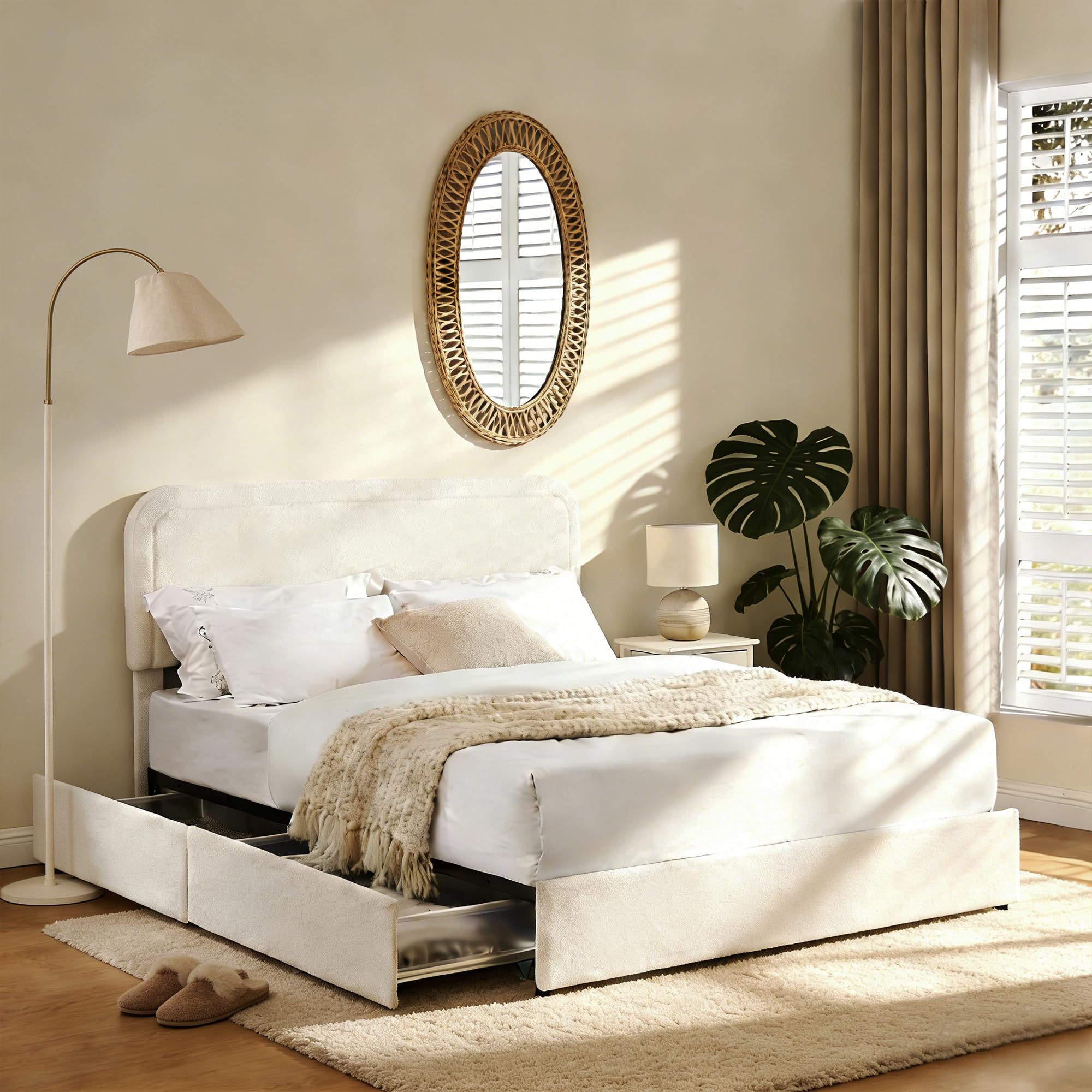 Queen Size Ivory Boucle Upholstered Platform Bed Frame with 4 Storage Drawers, Adjustable Curved Tufted Headboard, Heavy Duty Metal Frame (Boucle,