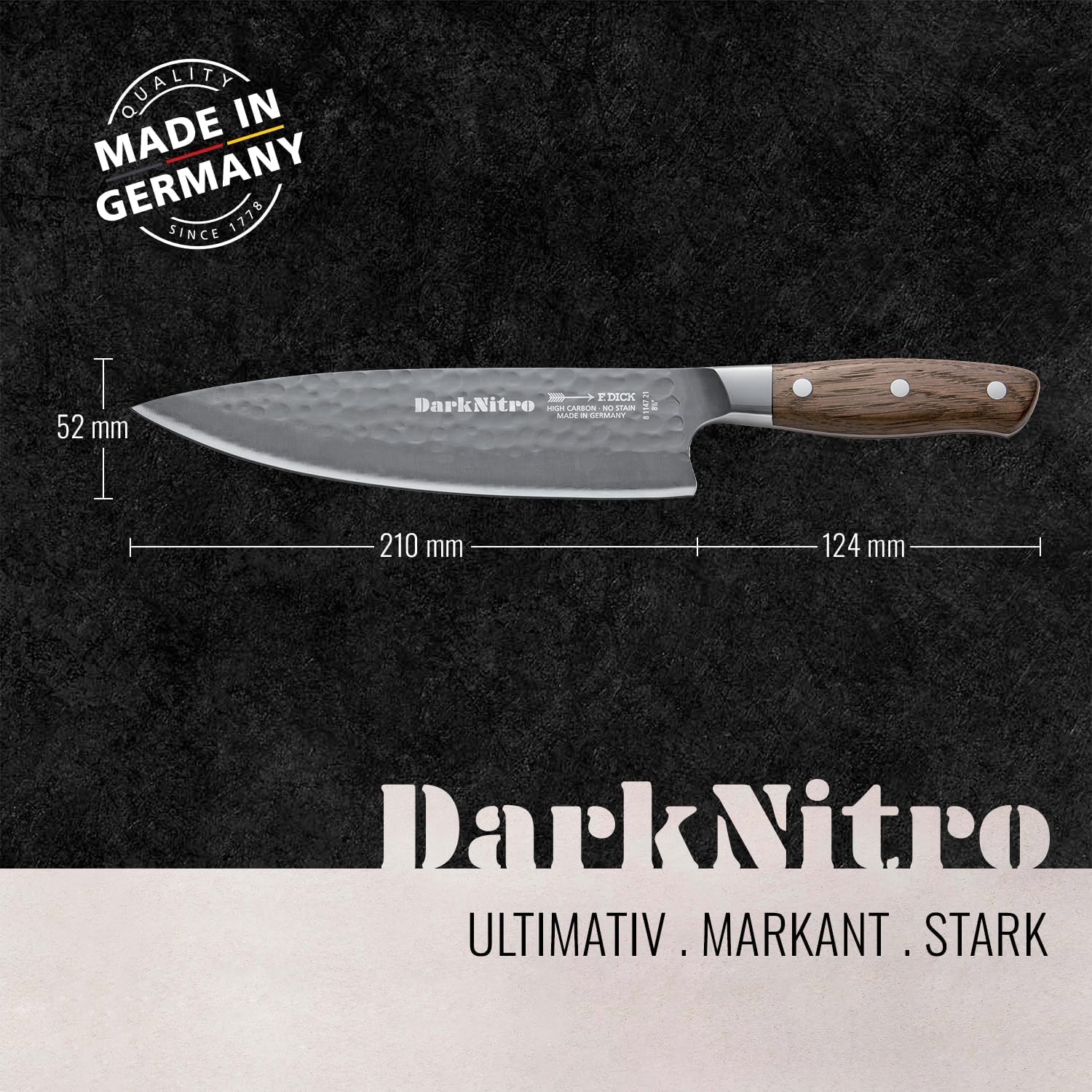 F. DICK Kochmesser DarkNitro 21 cm - geschmiedet, rostfrei, Klinge extra scharf, 61 HRC, Chefmesser Hammerschlag & Eichenholzgriff - Spezialstahl Küchenmesser - Profi Messer Made in Germany - 81147212