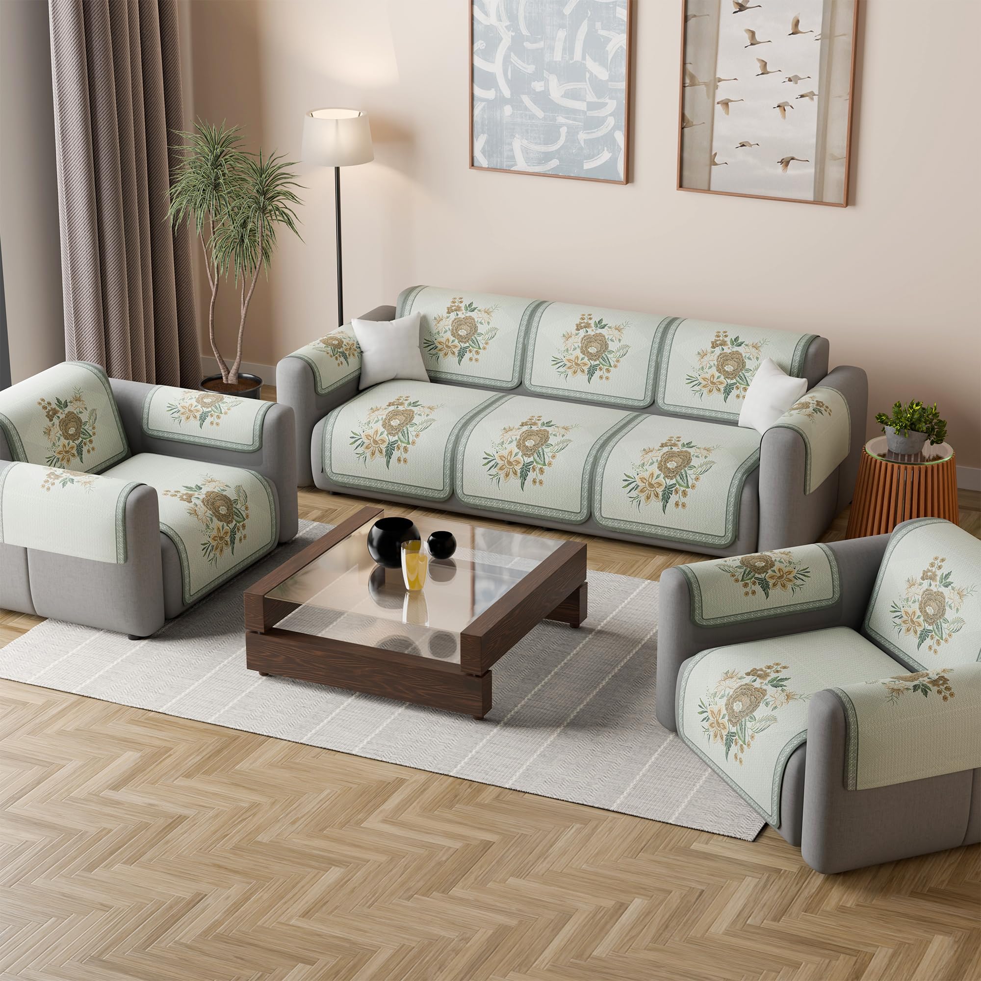 Kuber Industries 5 Seater Sofa with Arm Cover | Slipcover for Living Room | Thick & Cozy | Non-Slip Comfort Sofa Cover Set | Paradise 1137 Number - Olive Green