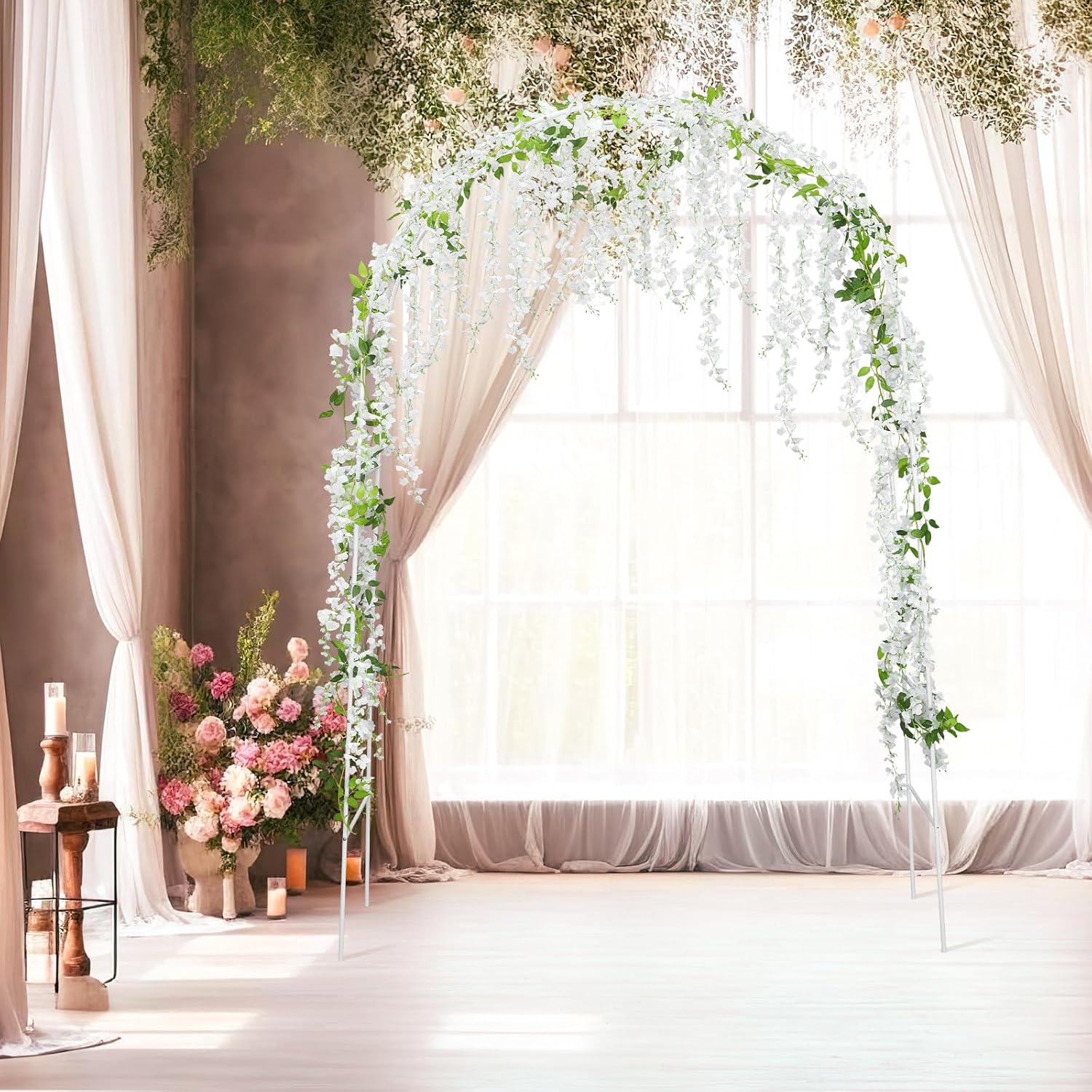 7. 9 x 4. 6 ft Wedding Arches for Ceremony White Metal Garden Arch Trellis with 4 Pcs 6. 6 ft Artificial White Wisteria Hanging Flowers for Outdoor Wedding Ceremony Bridal Party Decoration