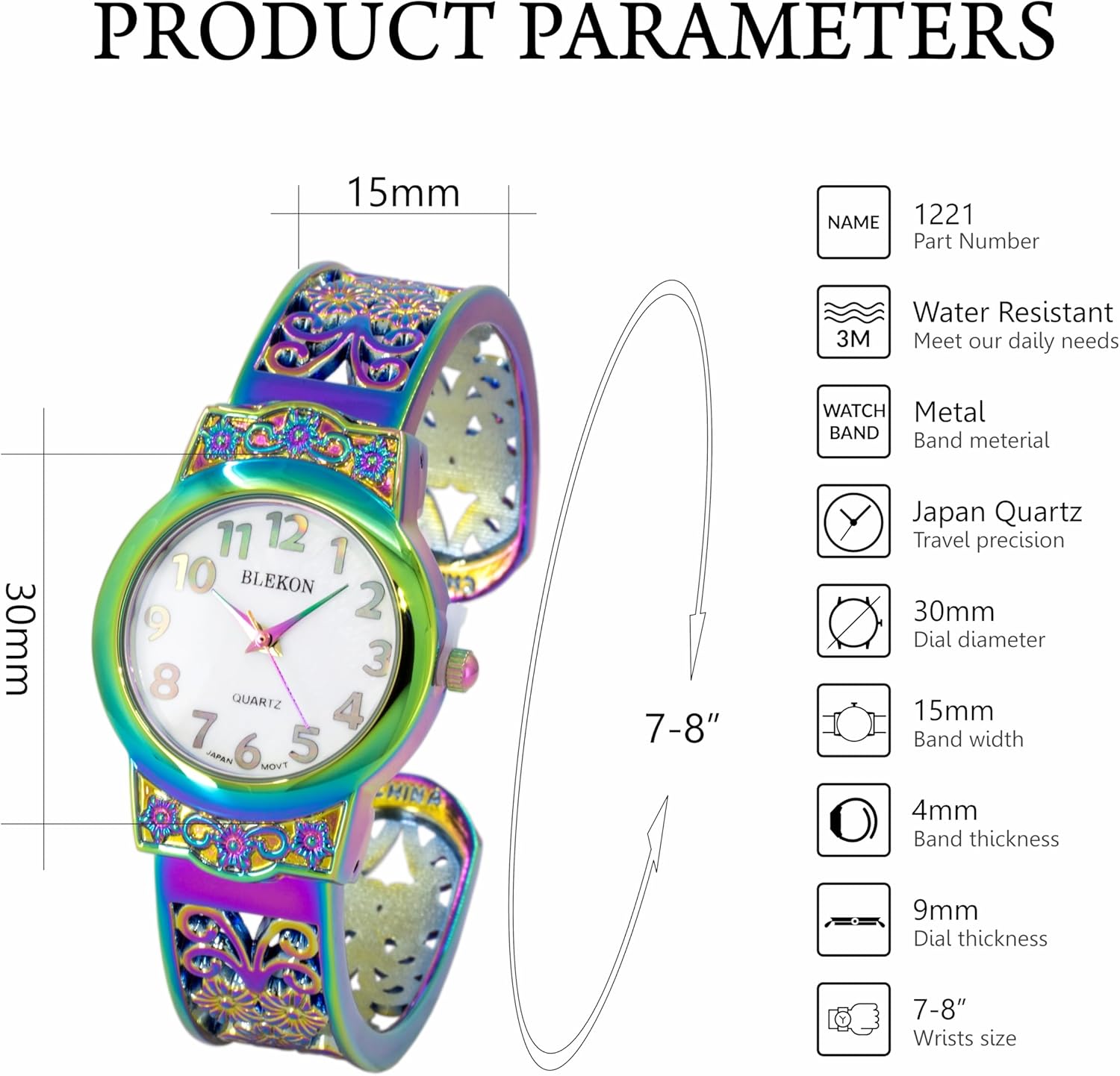 Blekon Collections Japanese Quartz Women's 28mm Case Elegantly Designed Cuff Bangle Watch