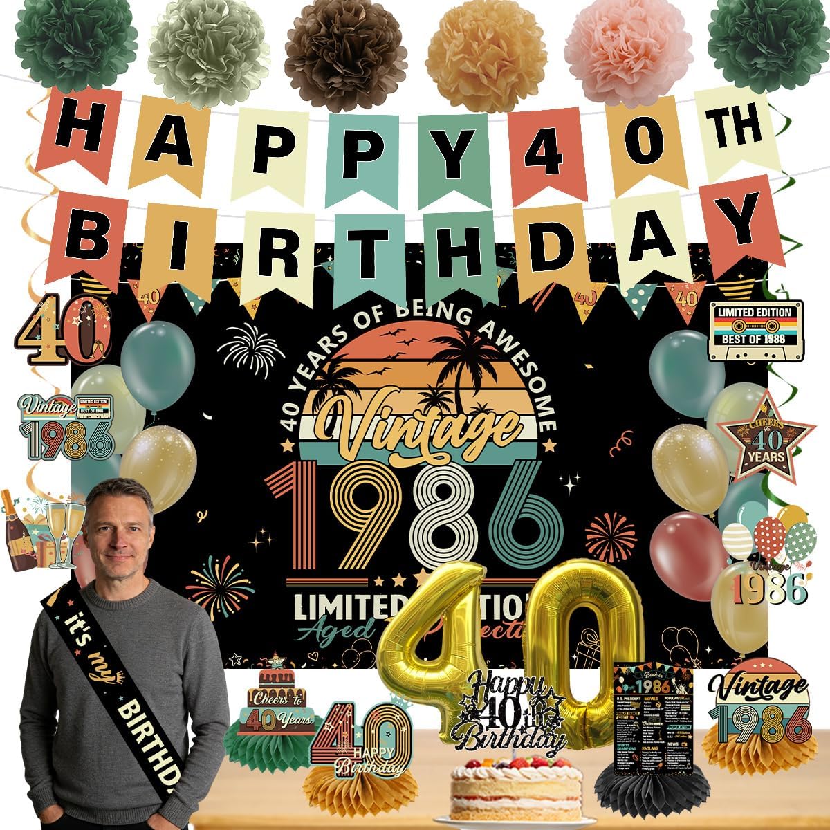 Vintage 40th Birthday Decorations for Women Men Back in 1986 Party Decor Banner Hanging Swirls Retro 40th Backdrop Centerpieces Cake Topper Sash Pompoms Balloons, Cheers to 40 Years Old Party Supplies