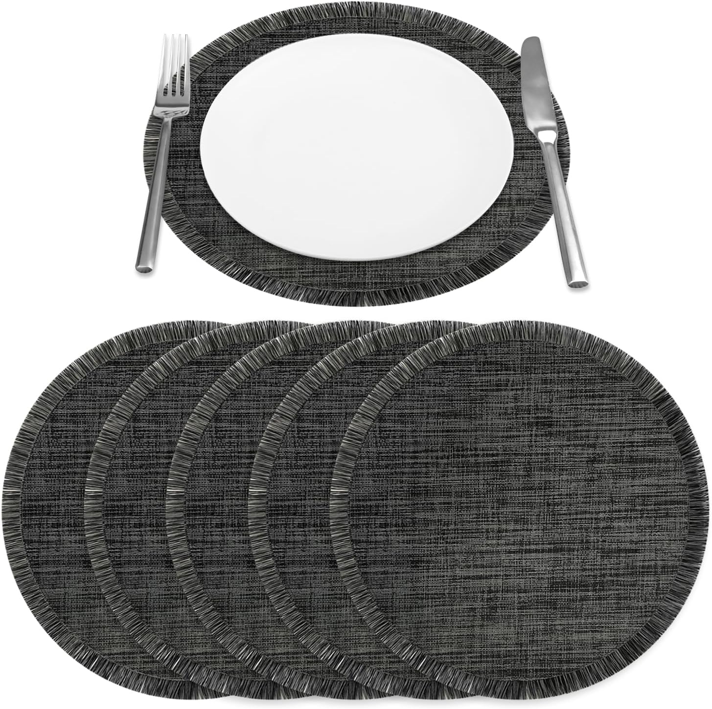Cedar Fringe Round Placemats Set of 6 | 15" Woven Textaline Table Mats | Durable, Washable, Indoor Outdoor Use Charcoal, Oversized for Dining Table, Kitchen, Everyday, Holiday & Party Décor
