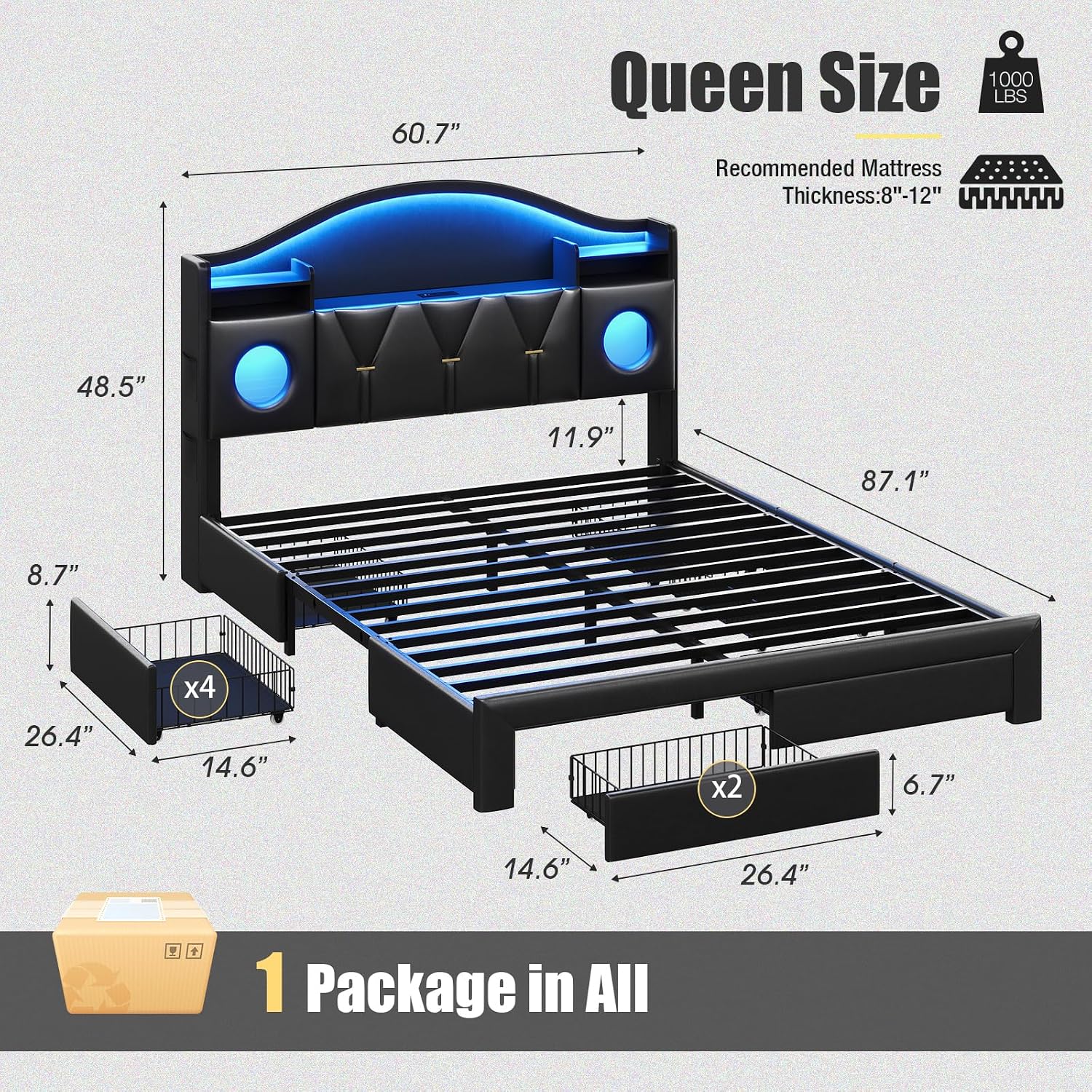 Diagram showing Queen bed frame dimensions, 1000 lbs weight capacity, and indicating '1 Package in All'.