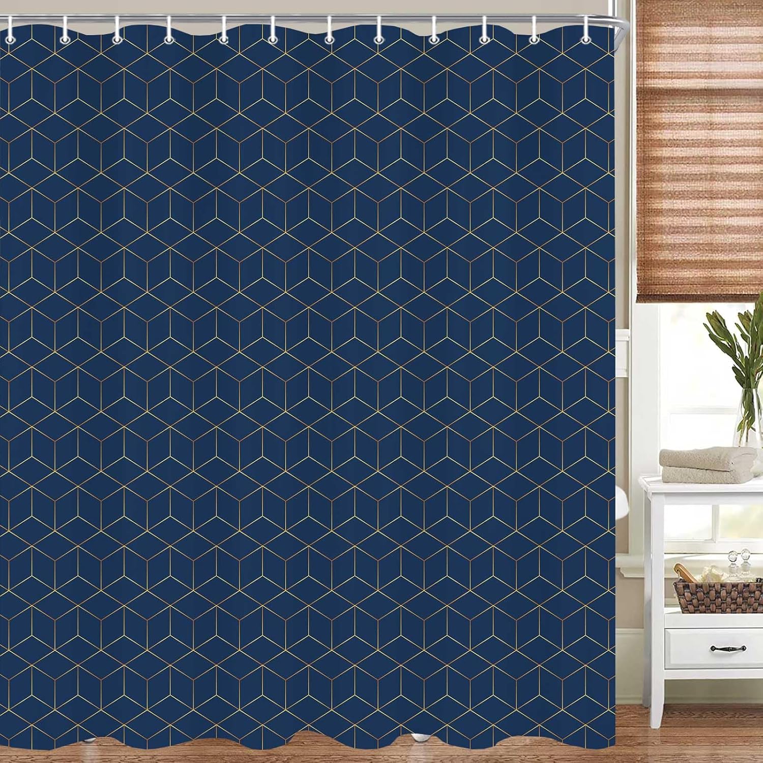JAWO Hotel Quality Navy Blue Shower Curtain, Blue and Gold Geometric Pattern Fabric Shower Curtains Set, Modern Boho Chic Bathroom Accessories 69X84 Inches