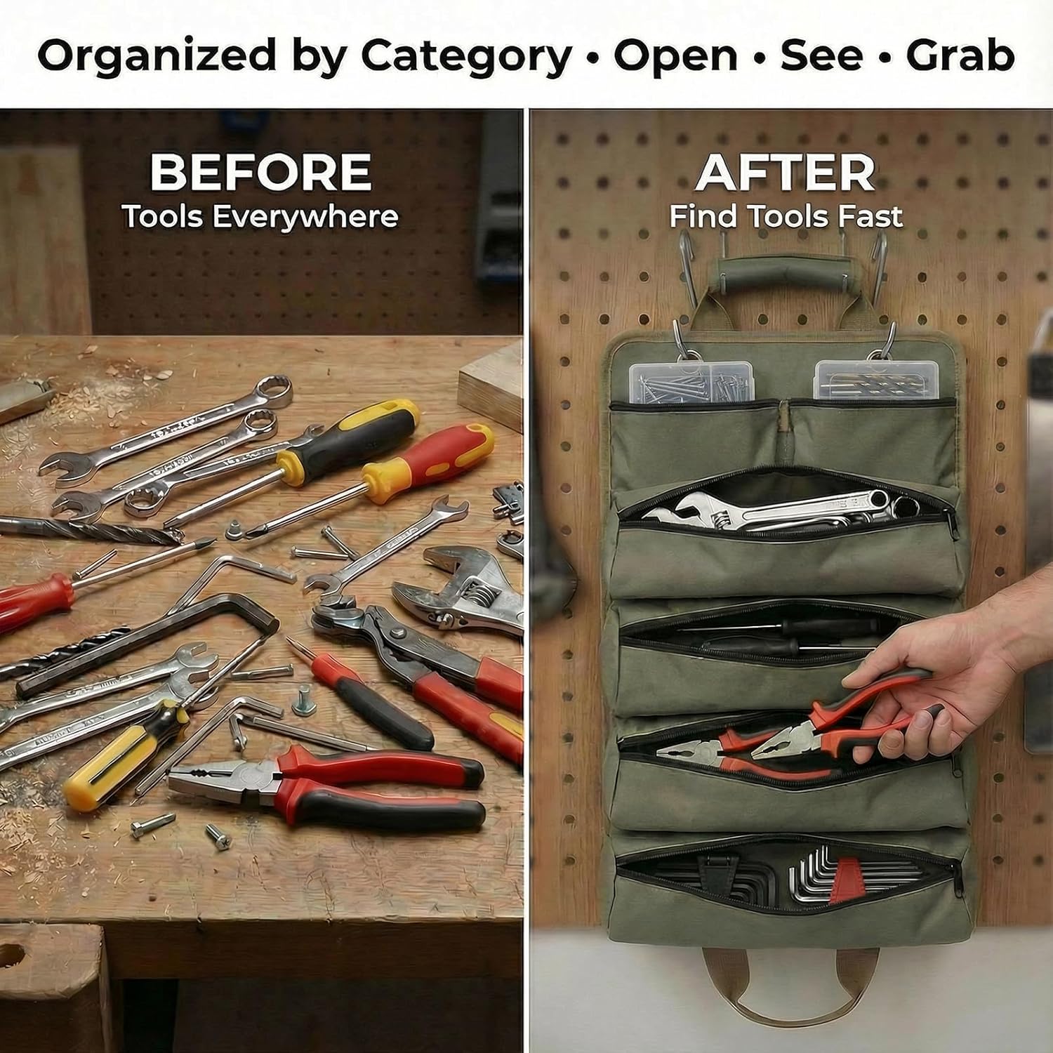 Tool Bag for Hand Tools: 6 Zipper Pockets Keep Tools Sorted - Hang-Open Access on Hooks/Pegboard - Heavy-Duty Garage Organizer for Homeowner DIY Repairs