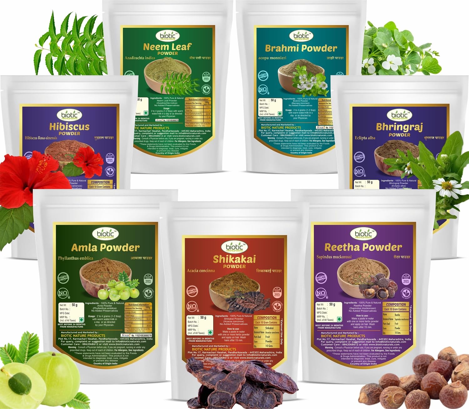 Biotic Natural Amla, Reetha, Bhringraj, Shikakai, Hibiscus, Brahmi And Neem Leaf Powder - 350 Gm (50G Each), Fresh-image-29