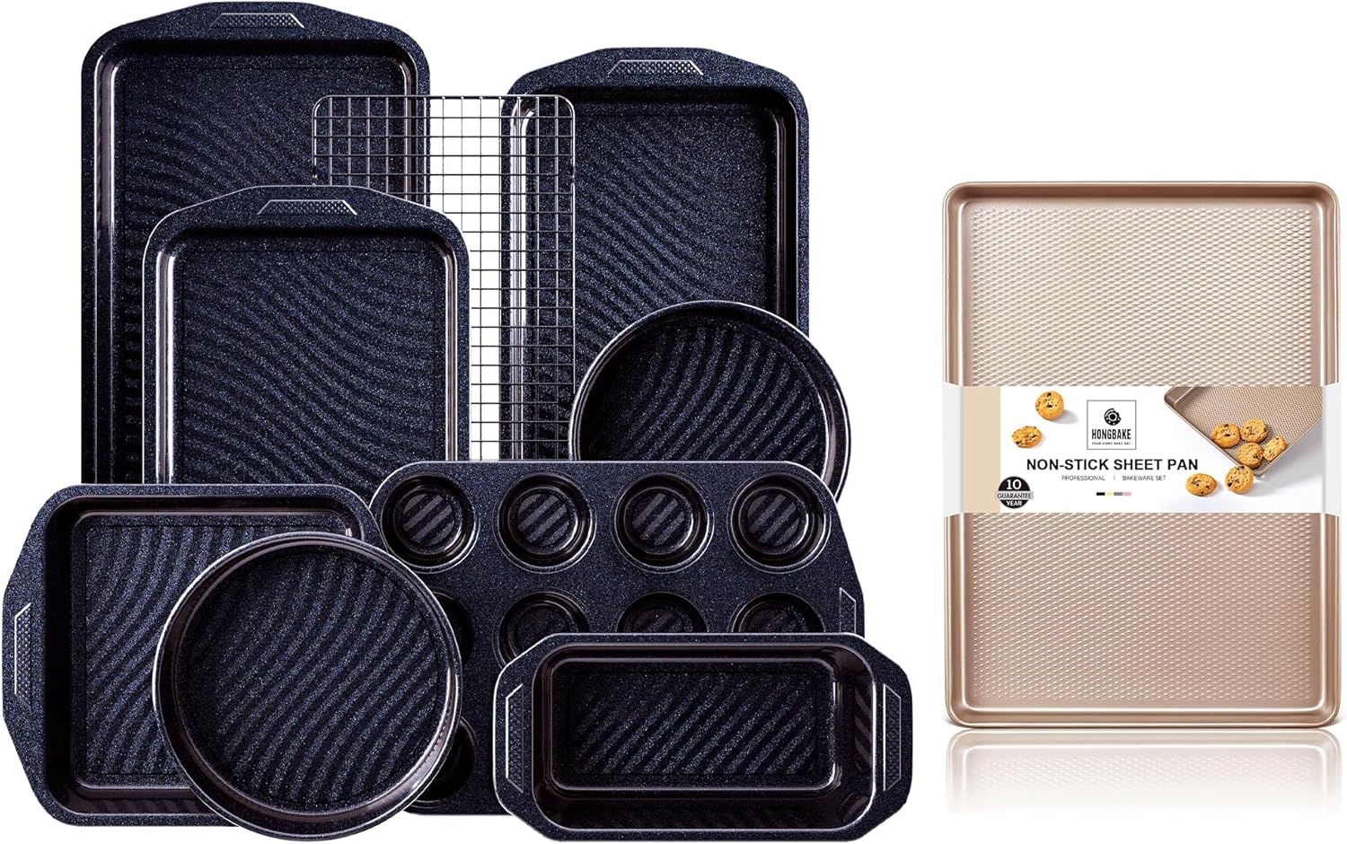 HONGBAKE Jelly Roll Pan with Diamond Texture & 9-Piece Baking Pans Set with Wave Texture