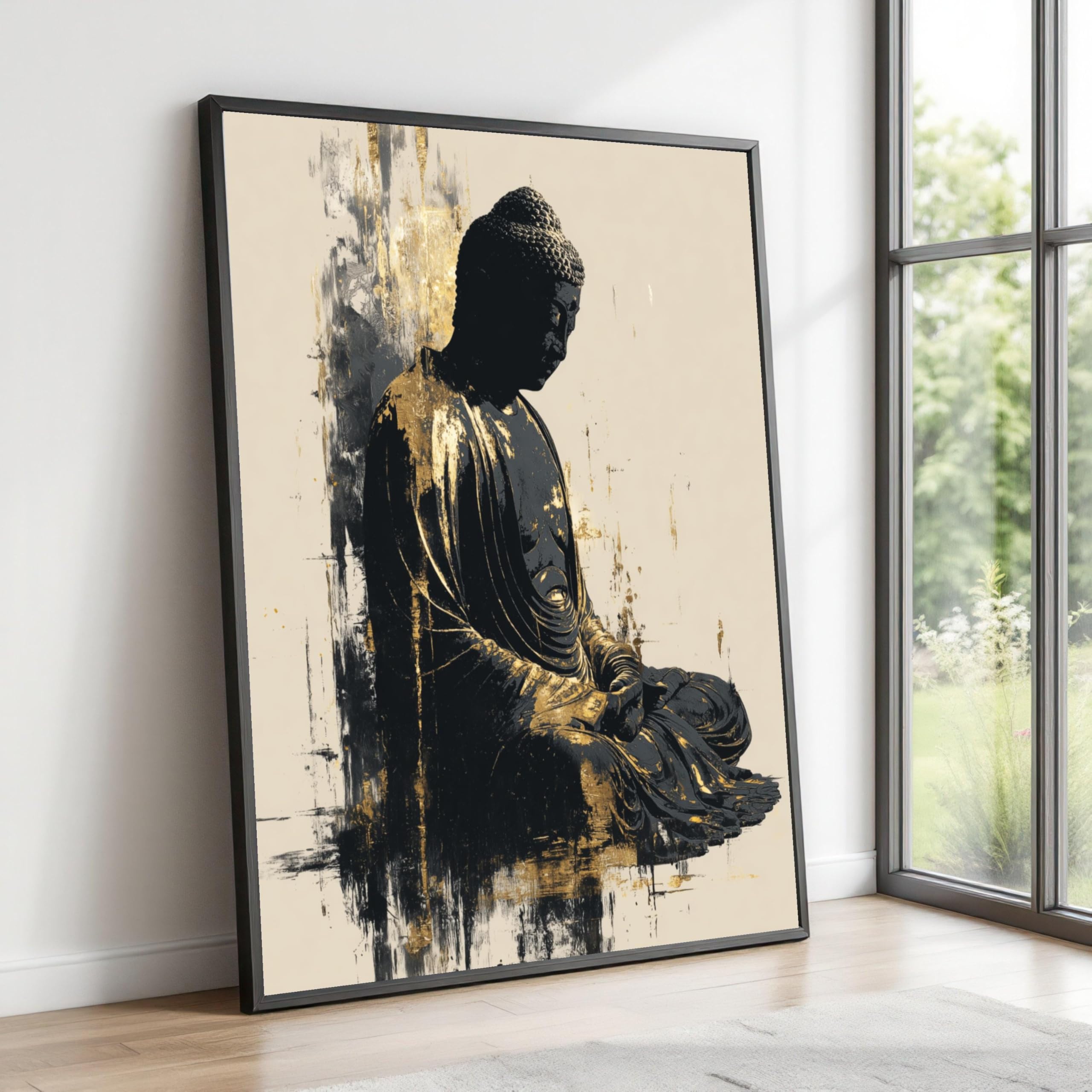XINBAO Medytacyjny posąg Buddy na płótnie, złota i czerń, dekoracja ścienna, inspirowane zenem płótno, spokojny obraz Buddy (60 x 80 cm/wewnętrzna rama)