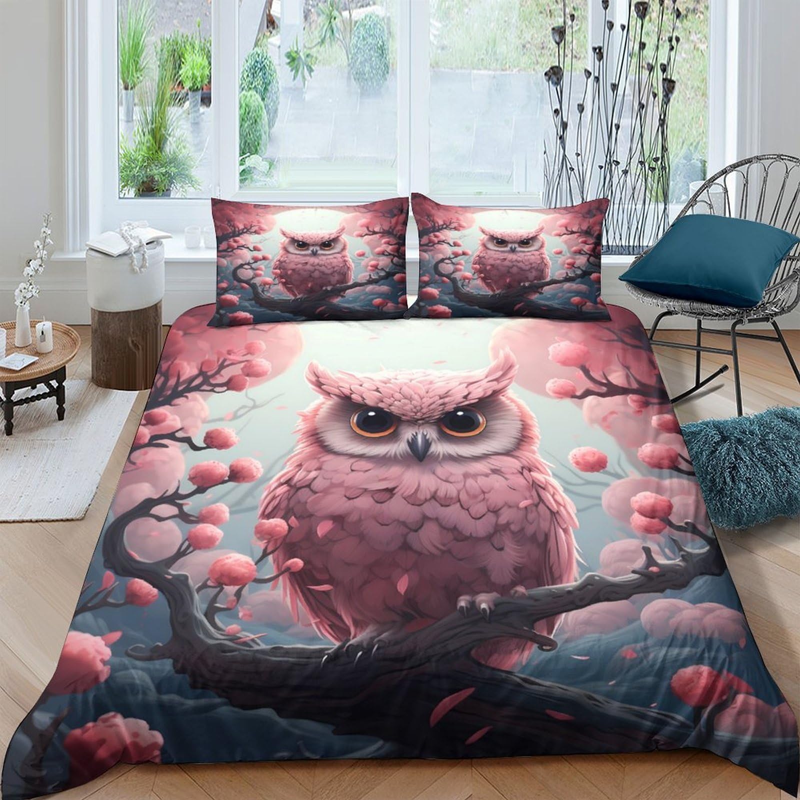 Ctjqhvkz Style-8 3D Printed Pink Owl Forest Fitted Sheet Microfiber Soft Breathable Tree Branch Mattress Cover For Bedroom Home Decor Single（135X200cm）