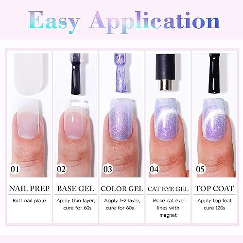 Miniatura 9 de Double Rhythm Juego de 6 esmaltes de uñas de gel con diseño de ojo de gato, con purpurina brillante con imán 9D, holográfico, reflectante, magnético