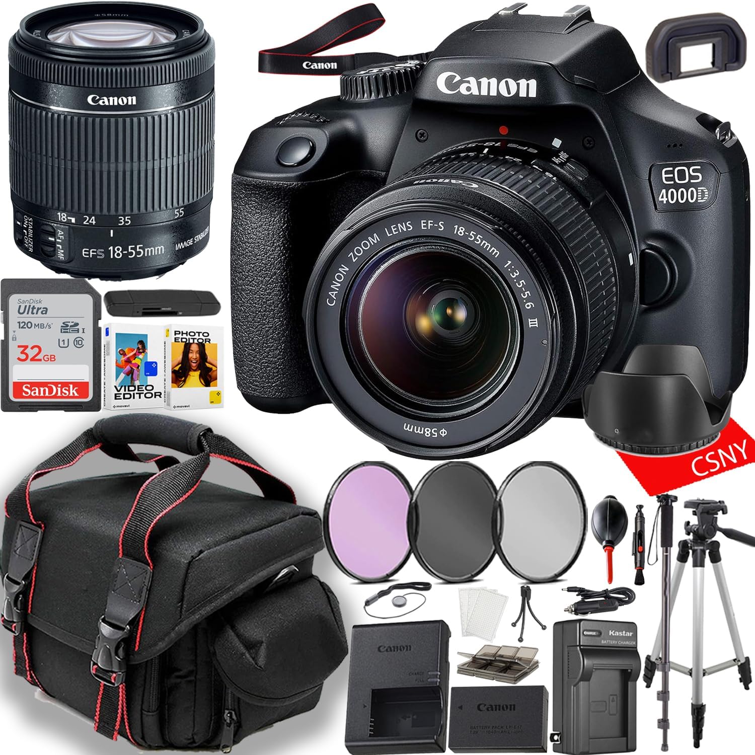 Canon EOS 4000D (Rebel T100) DSLR Camera with 18-55mm Lens + Monopod + Spare Travel Charger + Filters + Case + Mini Tripod + More (23 pc Bundle) (Renewed) Canon EOS 4000D (Rebel T100) DSLR Camera with 18-55mm Lens + Monopod + Spare Travel Charger + Filters + Case + Mini Tripod + More (23 pc Bundle) (Renewed)