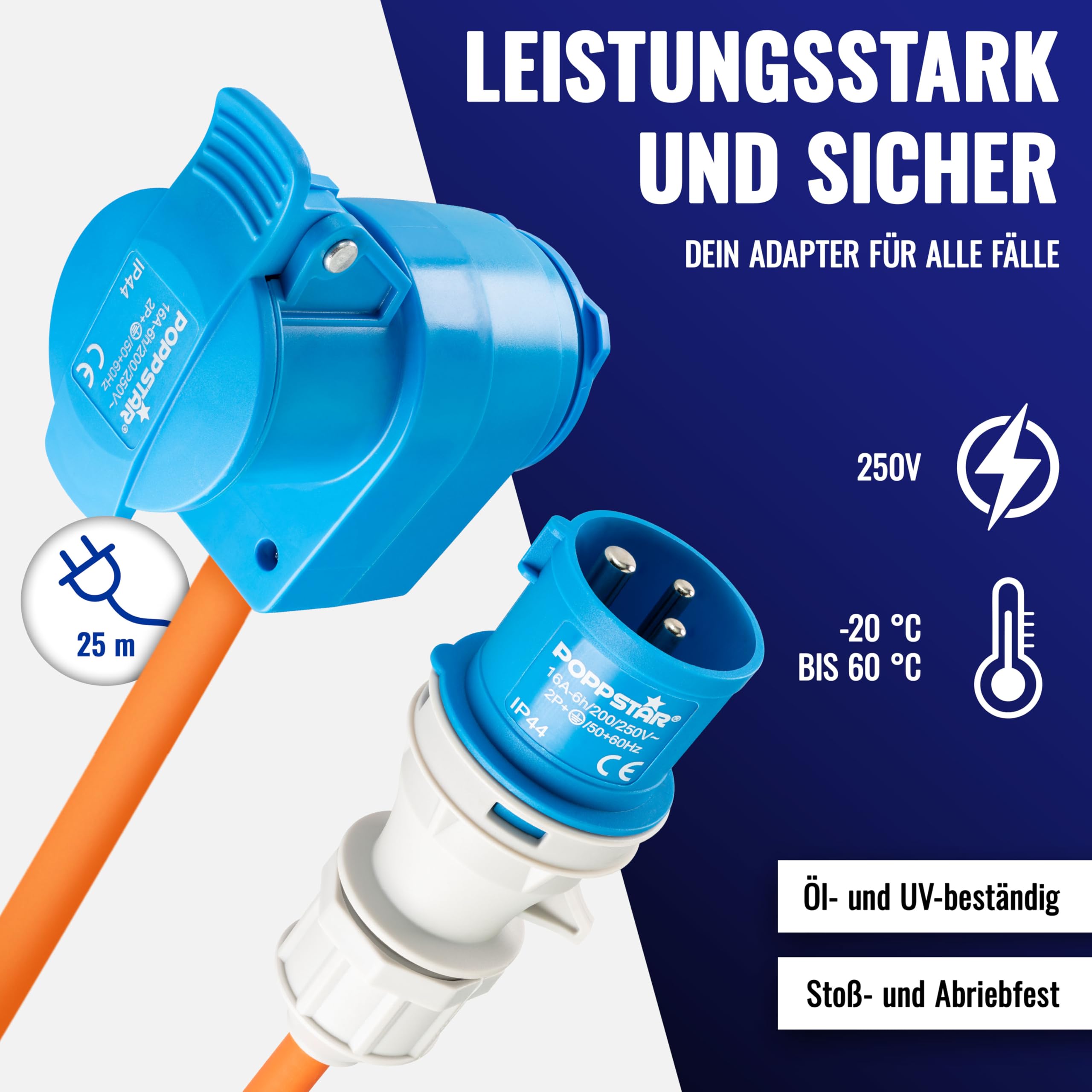 Poppstar Camping CEE Kabel 25m mit Schuko (CEE Stecker 3-polig auf CEE-Dose + Schutzkontakt-Steckdose Typ F), 230V/16A, IP44, H07RN-F 3G2.5