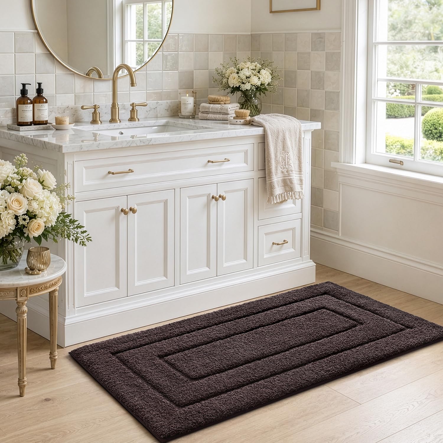 DEXI Alfombra de baño, extra suave y absorbente de alta calidad, antideslizante y cómoda, alfombra para bañera, ducha, baño, lavable a máquina, 20 x 32 pulgadas, marrón