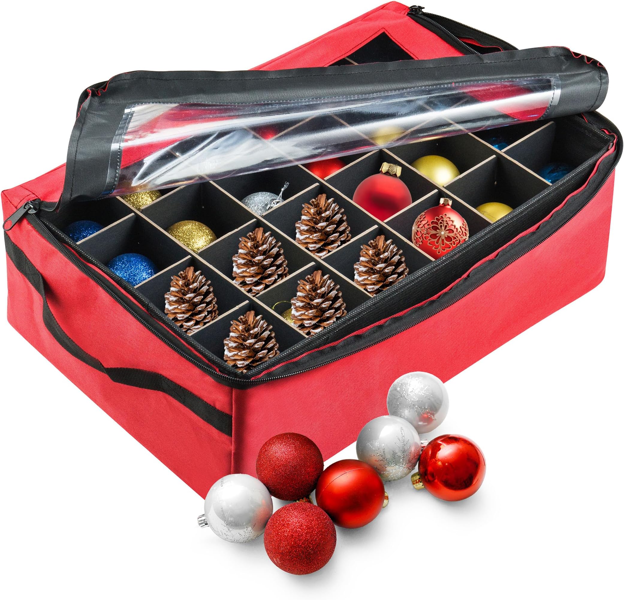 Ornament Storage Box - Zippered Lid Organizer with 48 Individual Compartments and Dividers for Christmas Bulbs and Decorations (Red)