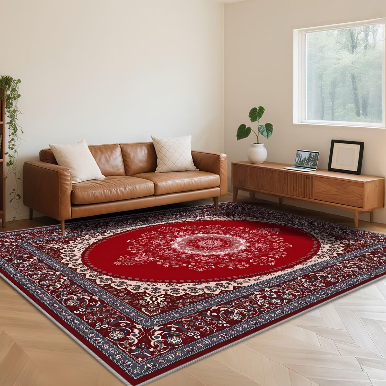 Tapis traditionnel rouge grand format 200x250 cm lavable et doux