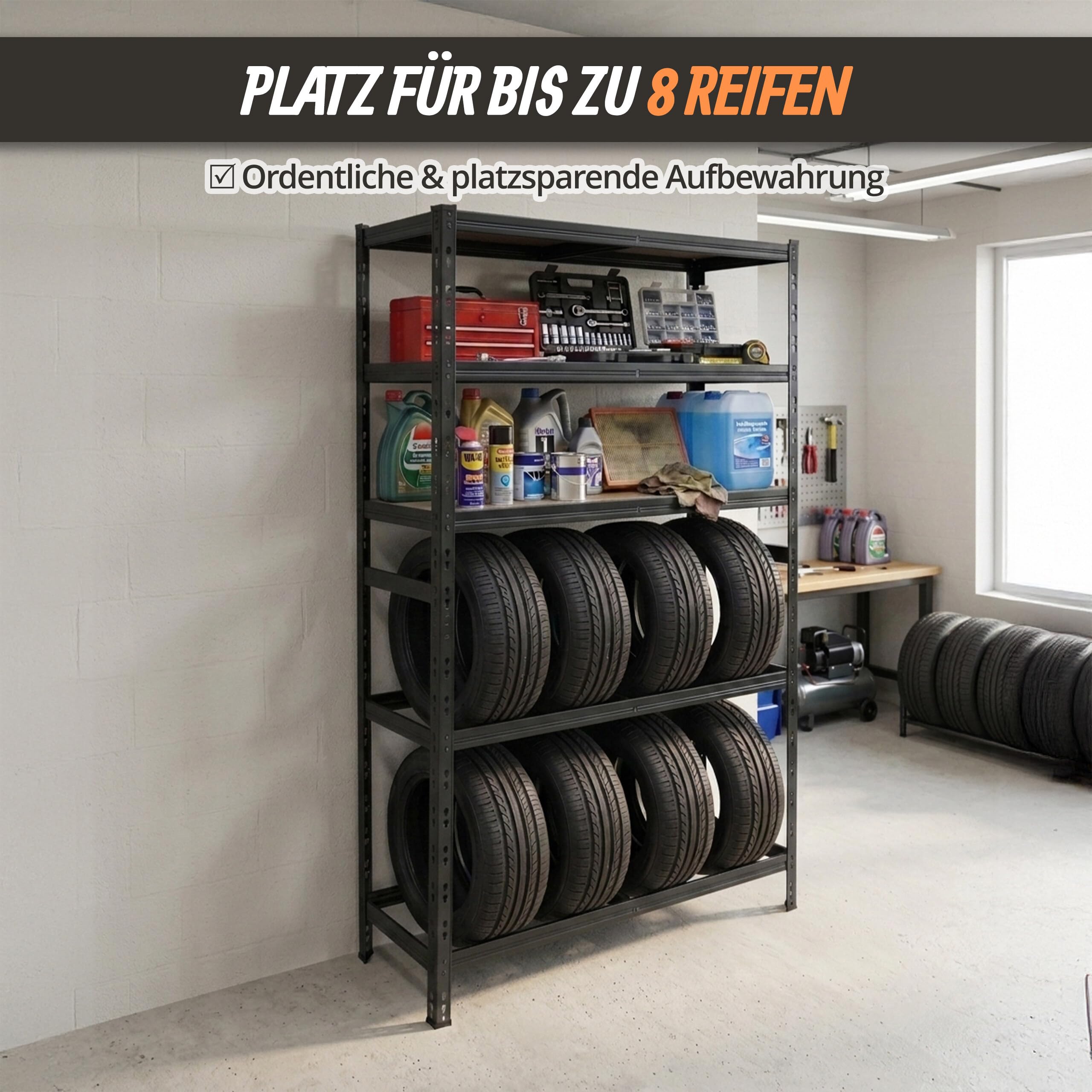 Relaxdays Reifenregal für 8 Reifen, HxBxT 210 x 110 x 40 cm, 750 kg, Stahl, Stecksystem, Reifenlager Werkstatt, schwarz