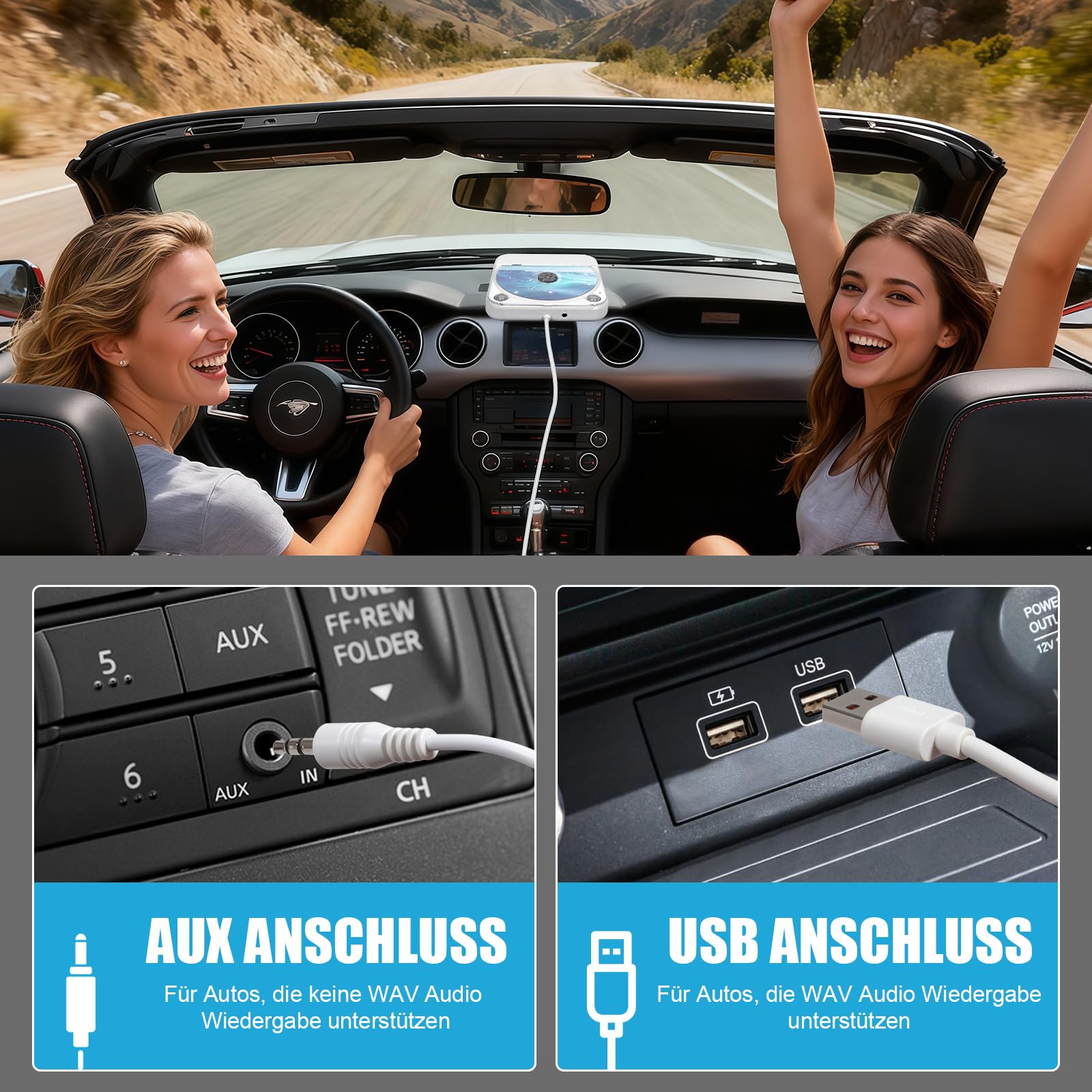 CD Player für Auto,Extern Universal Auto CD Player mit USB-Anschluss, AUX-Anschluss, Extra Controller, Kompatibel mit Laptop, PC, Fernseher, CD Laufwerk kompatibel mit Android Autoradio (Weiß)