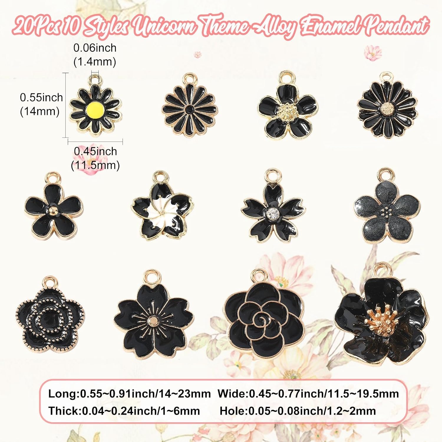 LiQunSweet 60 pcs 12 Styles Black Flower Theme Enamel Charms Sunflower Daisy Cherry Blossom Rose Floral Charms for DIY Jewelry Necklace Bracelet Earring Crafts